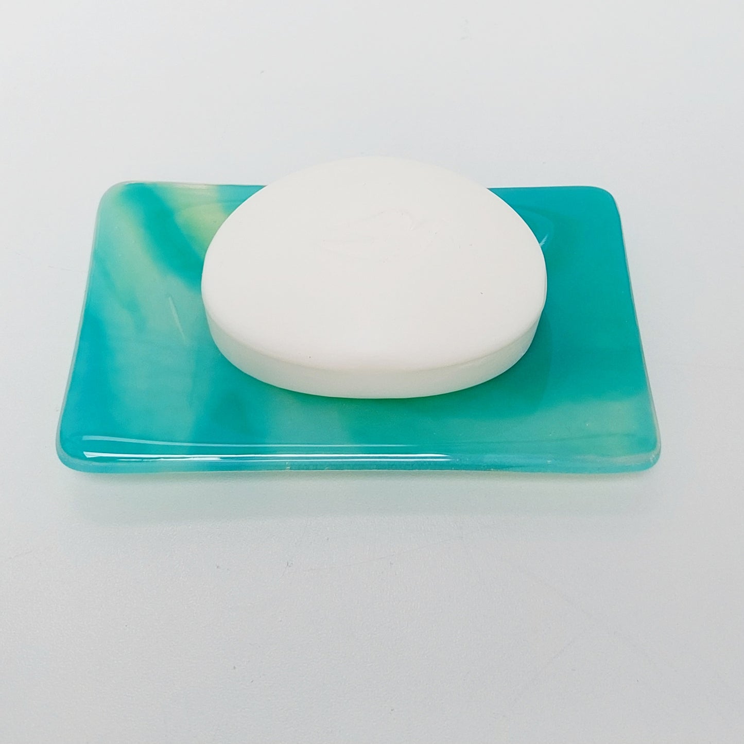 Rydal Water Glass Art Soap Dish, Handmade Opaline Green and Teal Fused Glass Dish, Natural Green Bathroom Décor
