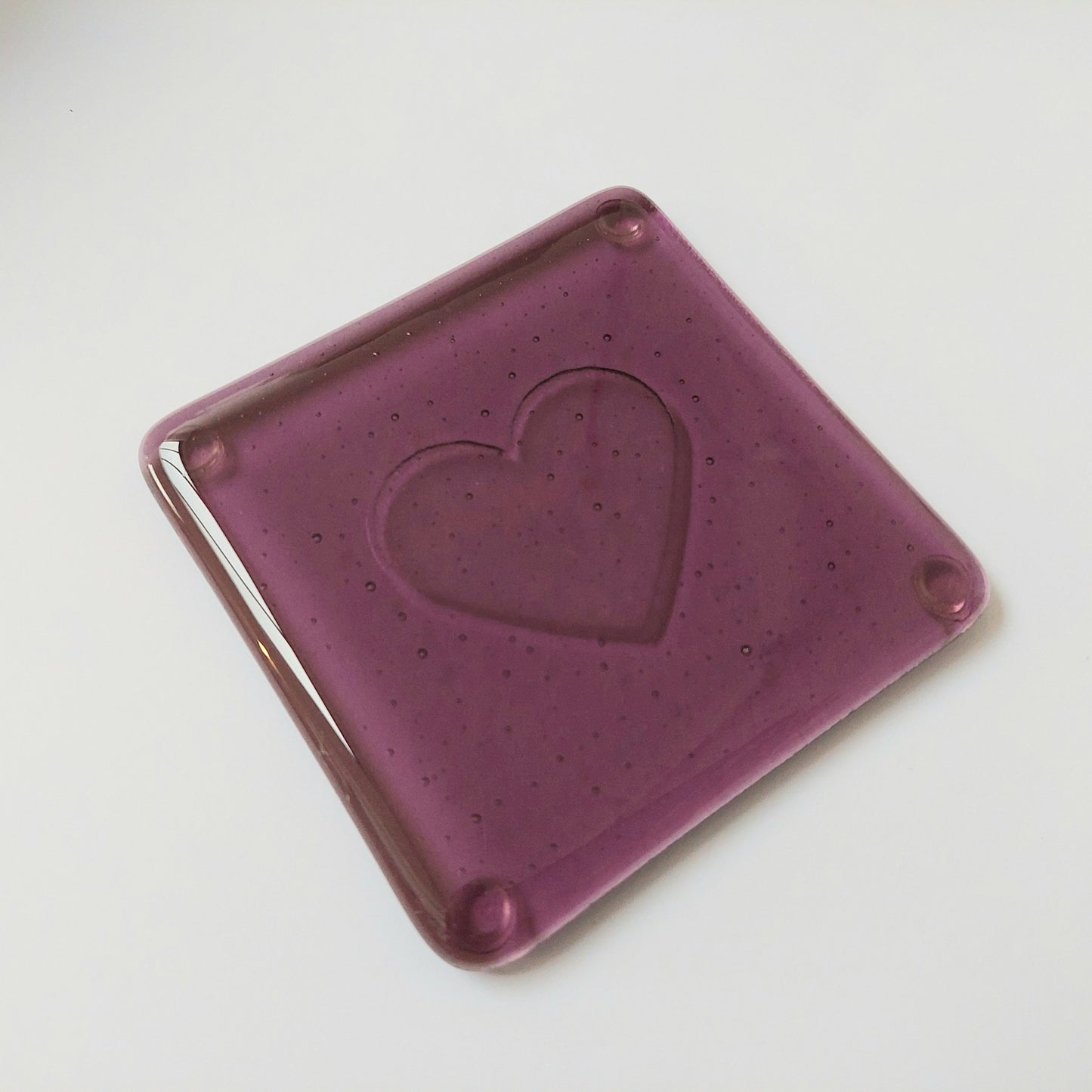 Plum Glass Coasters with a Kiln Carved Heart Design: Set of 4 Handmade Coasters