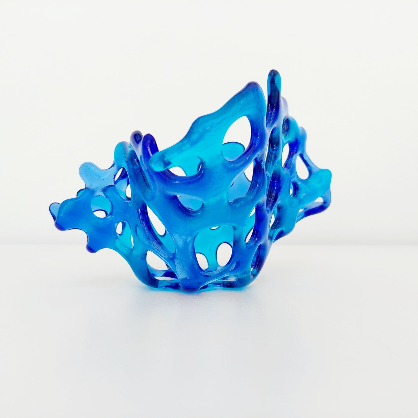 Blue Glass Art Basket, Handcrafted Turquoise and Royal Blue Fused Glass Coral Bowl, Woven Glass Living Room Shelf Ornament, Candle Holder