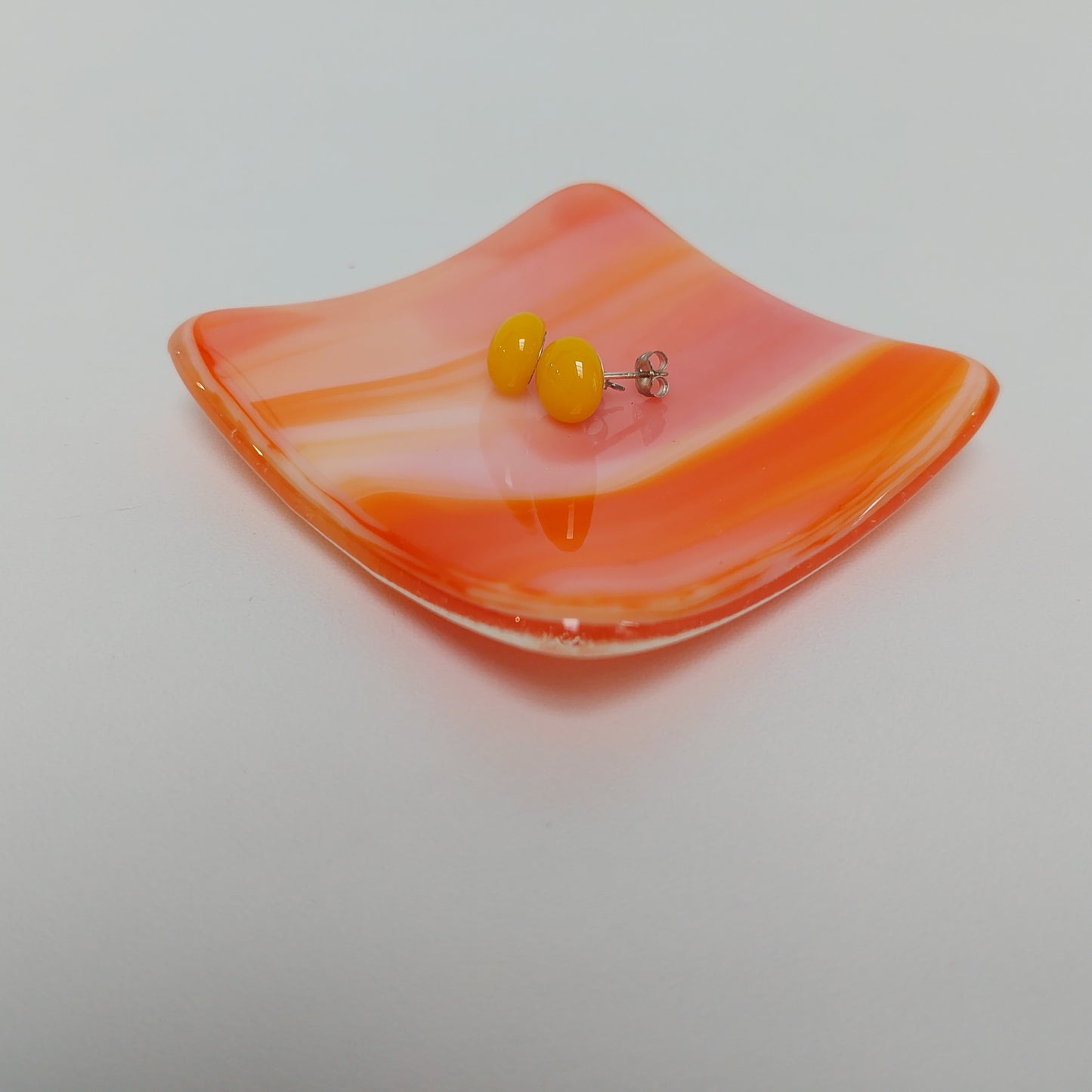 Orange Glass Art Earring Tray, Handmade Beside Table Trinket Bowl