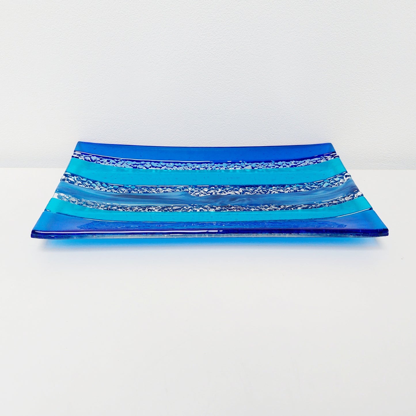 Blue Textured Glass Art Plate, Handcrafted Decorative Tray