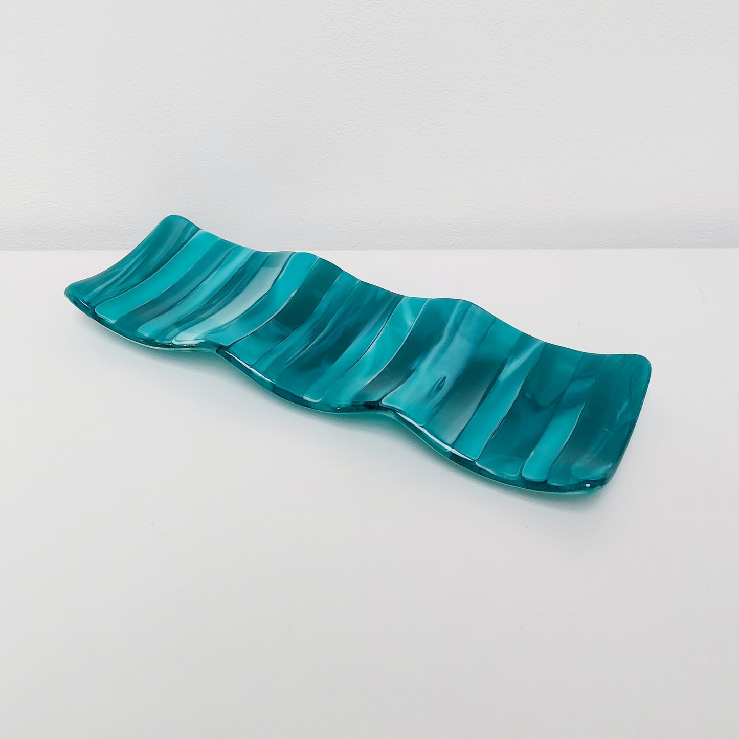 Handmade Teal Glass Candle Stand Kiln Formed in the Lake District