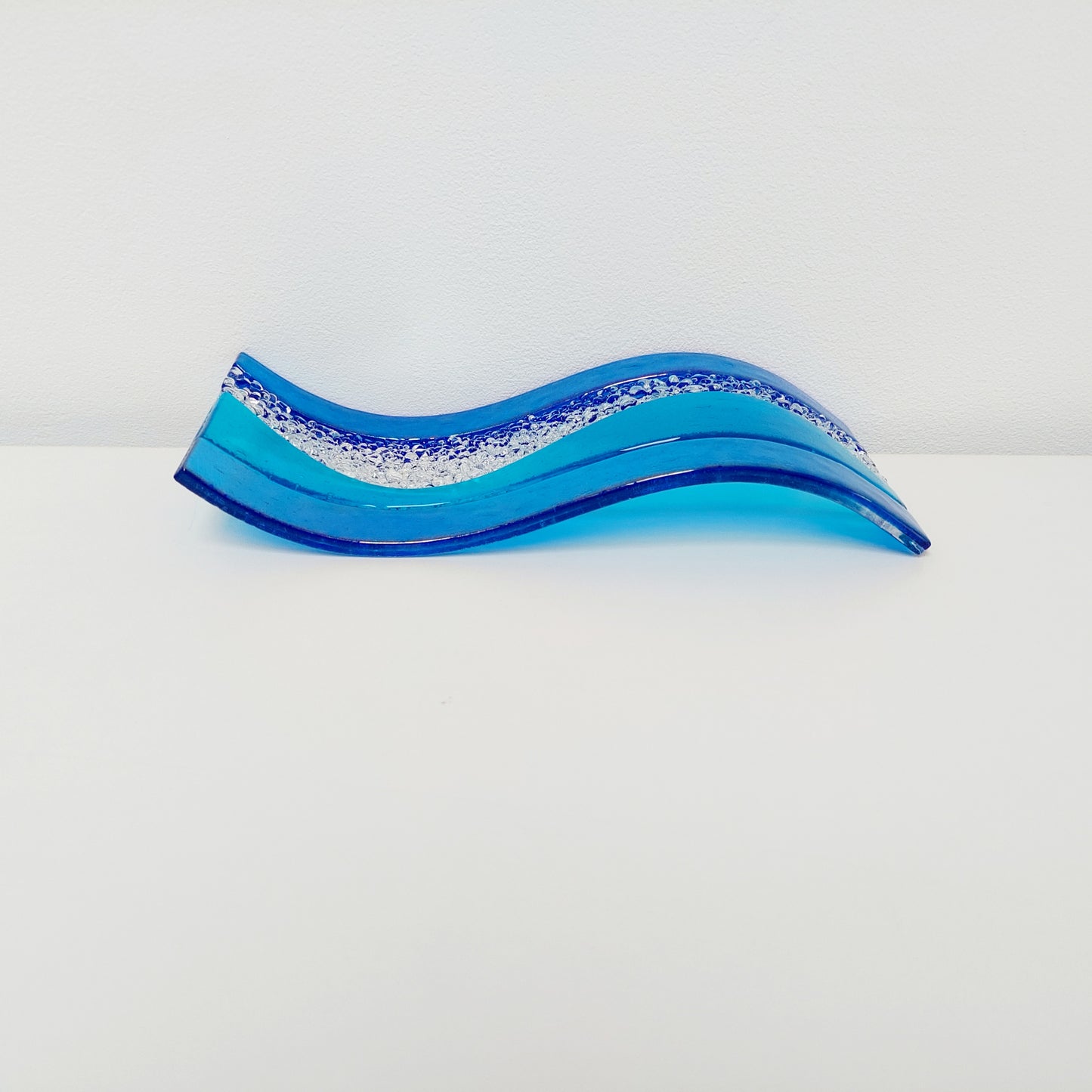 Turquoise Blue Glass Art Wave, Handmade Kiln Formed Glass Ornament
