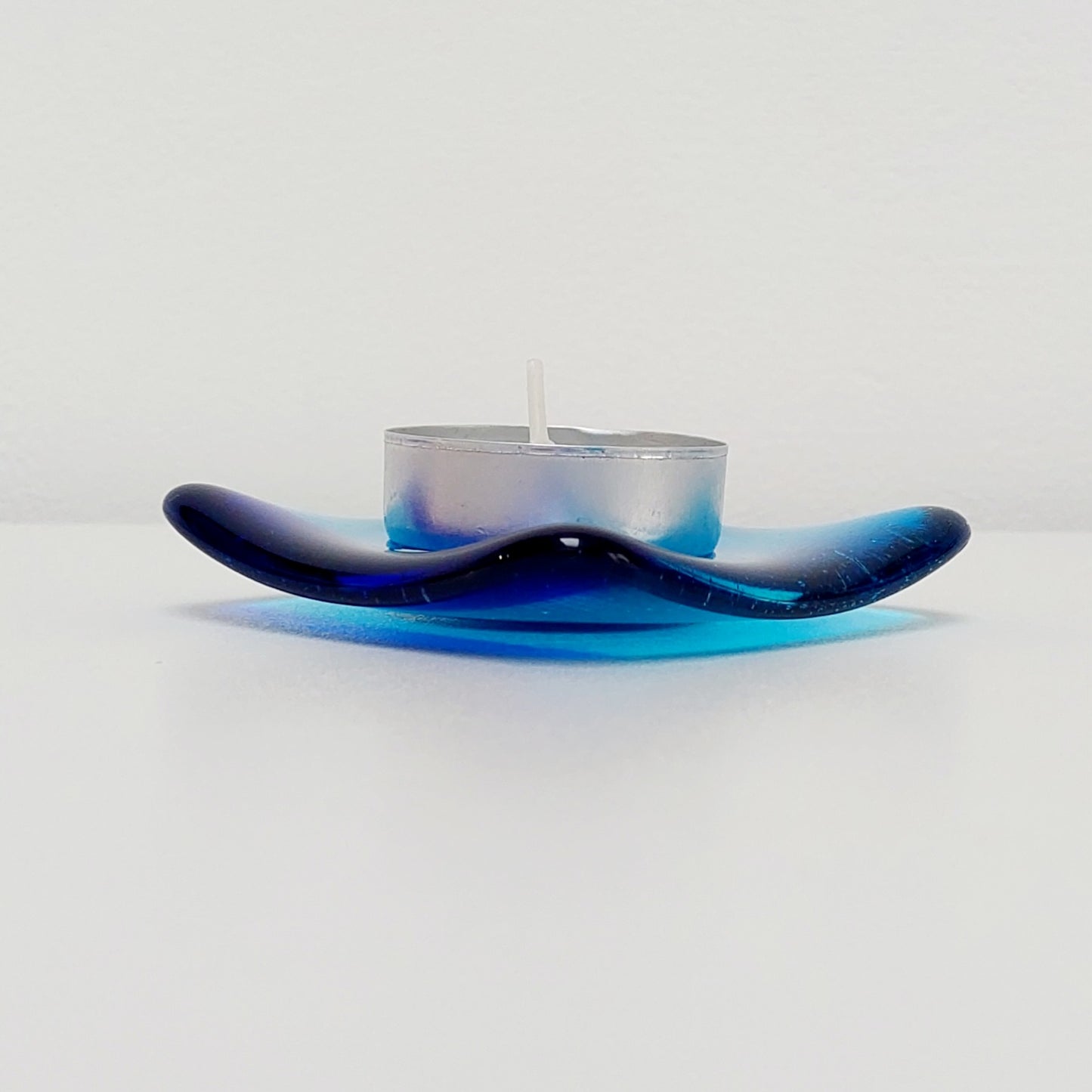 Turquoise Glass Art Ring Bowl with Cobalt Blue Accent, Handmade Bedside Table Trinket Dish