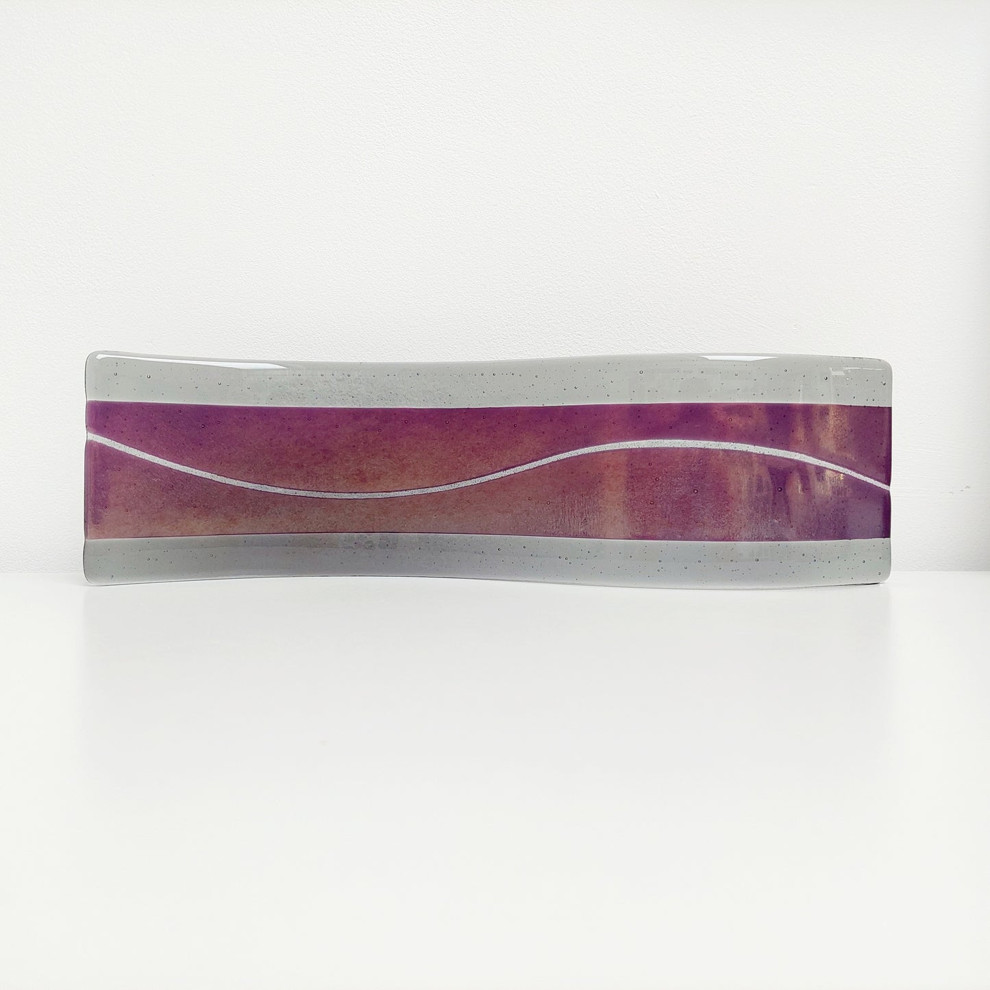 Amethyst and Grey Glass Wave, Large Handmade Iridescent Purple and Silver Grey Glass Art Ornament, Opulent Table Centrepiece, Amethyst Décor