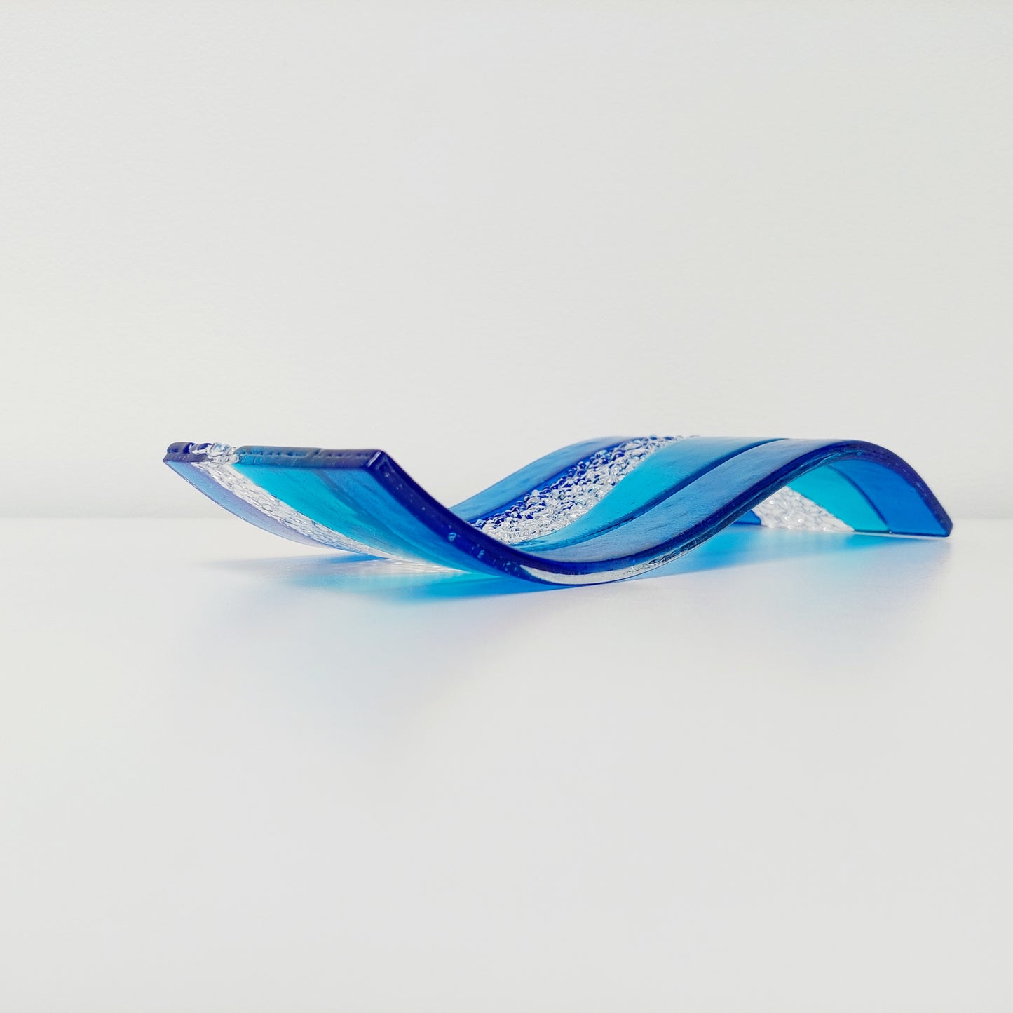 Turquoise Blue Glass Art Wave, Handmade Kiln Formed Glass Ornament