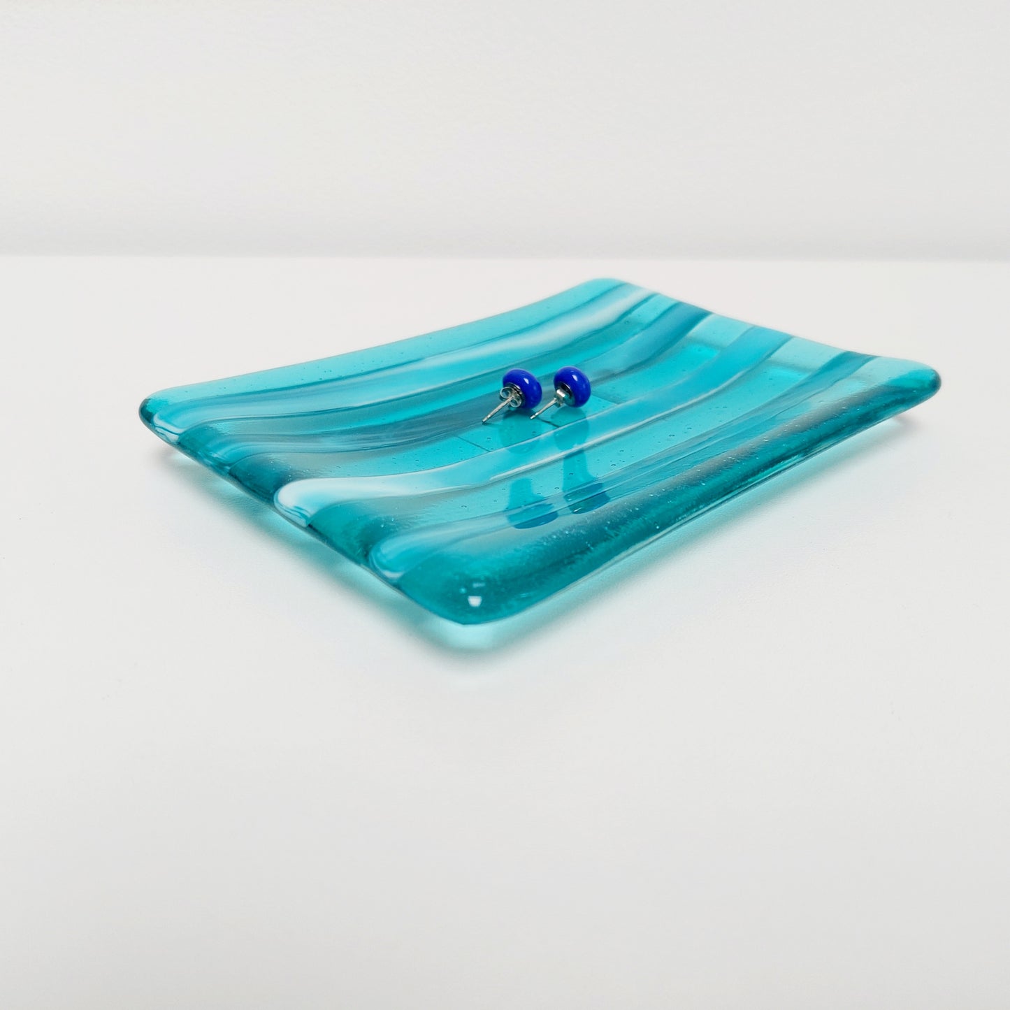 Aqua and Teal Glass Art Plate, Handcrafted Kiln Formed Trinket Dish