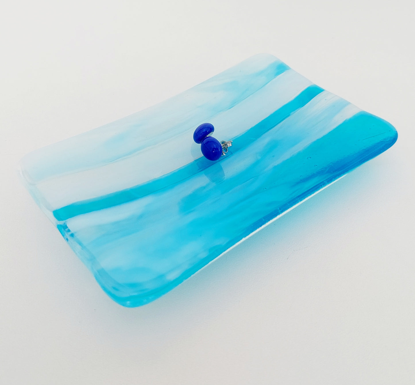 Winter in the Lakes Glass Art Soap Dish, Contemporary Handcrafted Turquoise and White Fused Glass Trinket Dish, Turquoise Bathroom Décor