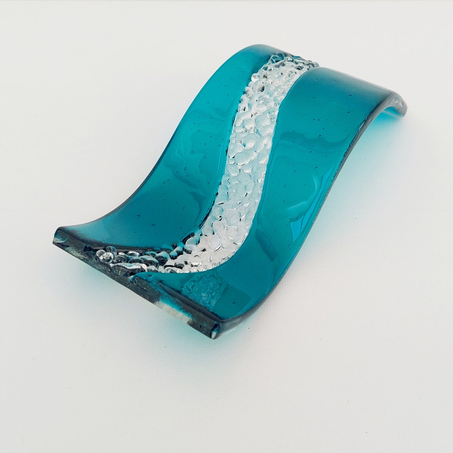 Small Teal Glass Art Wave, Handmade Fused Glass Ornament