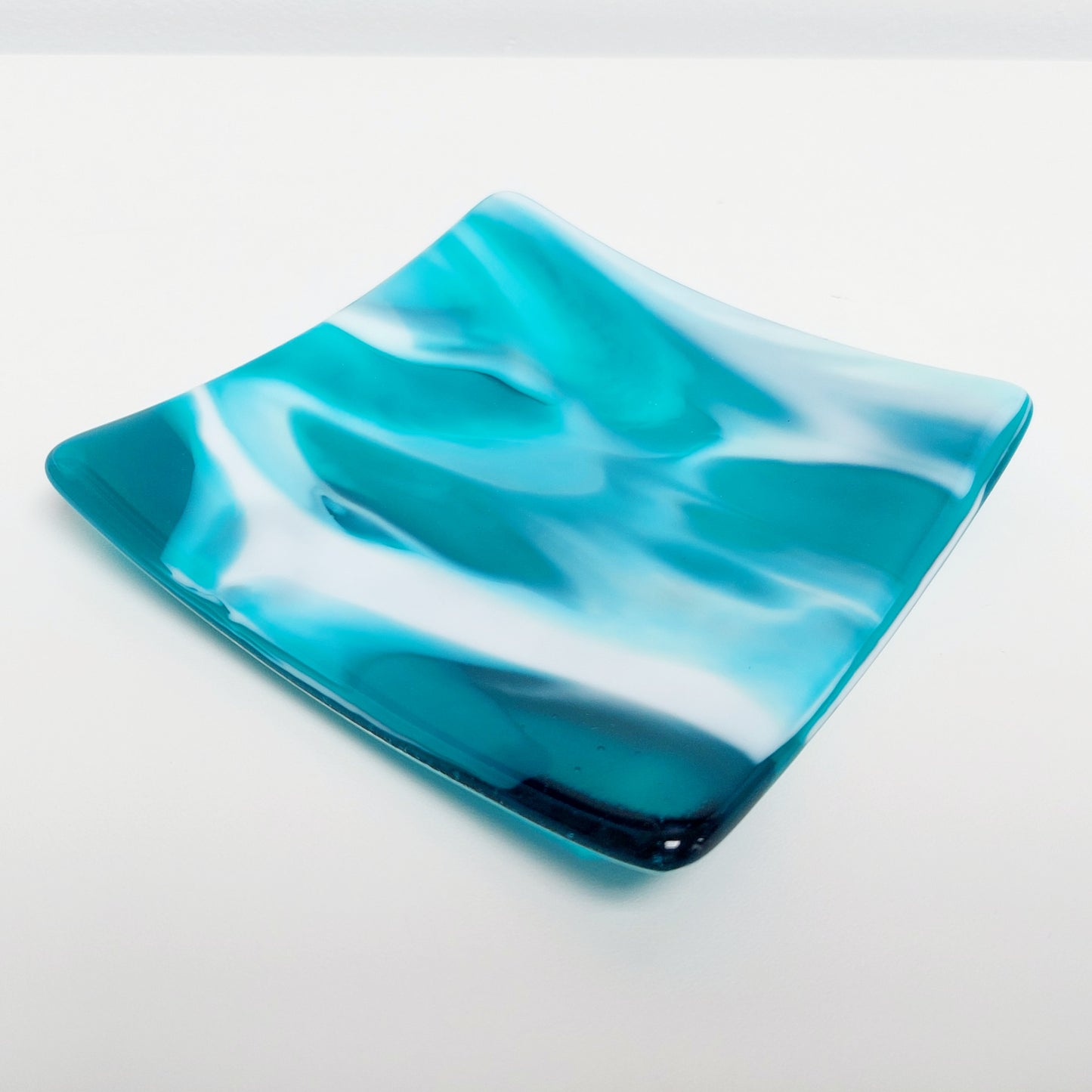 Teal Glass Art Plate, Small Handmade Fused Glass Trinket Dish (12 x 12 cm), Coffee Table Plate, Teal Living Room Décor