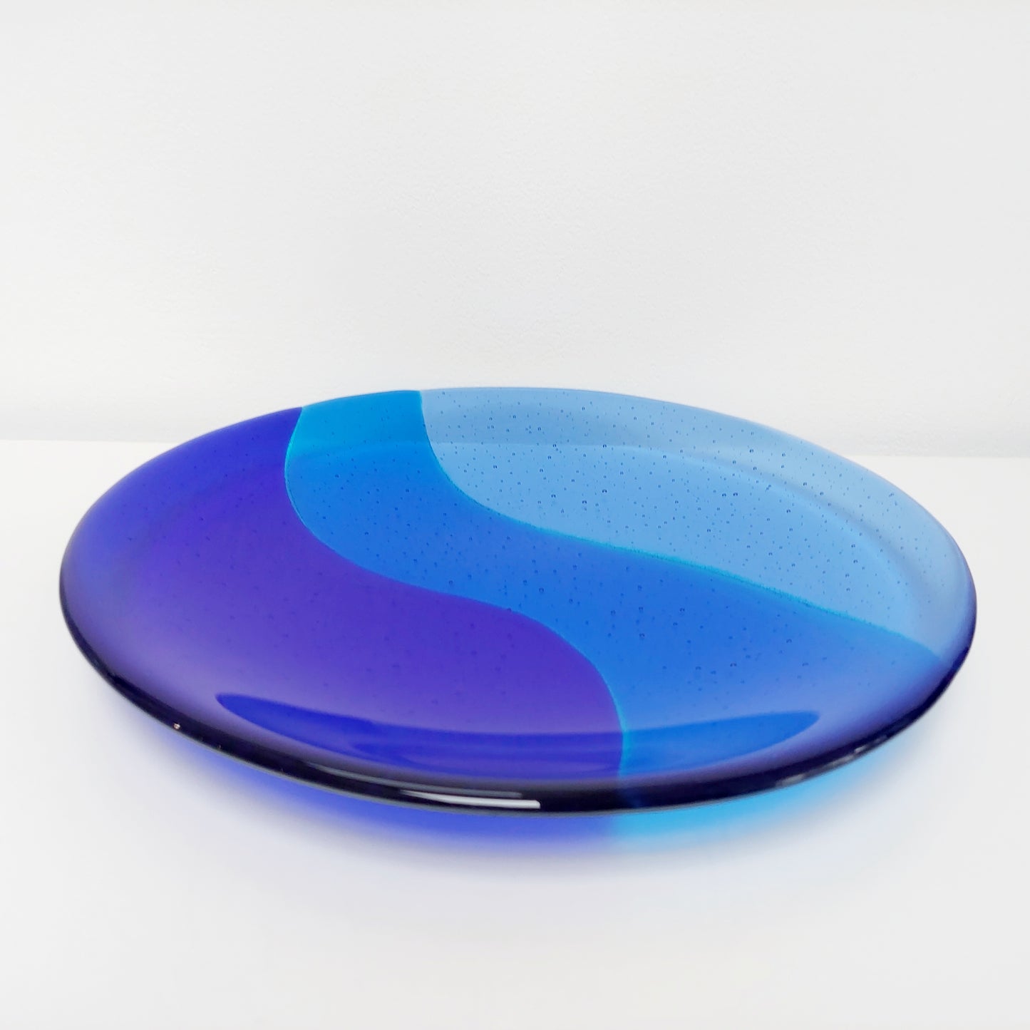 Windermere Waves Glass Art Bowl, Large Handmade Blue Fused Glass Bowl, Shallow Fruit Bowl, Kitchen Island Centrepiece, Blue Kitchen Décor