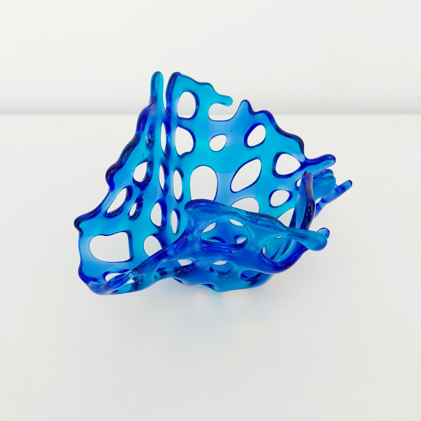 Blue Glass Art Basket, Handcrafted Turquoise and Royal Blue Fused Glass Coral Bowl, Woven Glass Living Room Shelf Ornament, Candle Holder