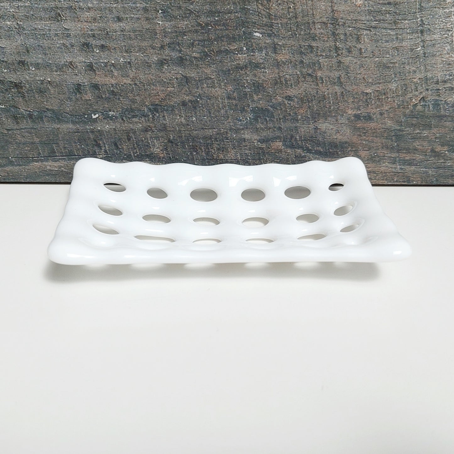 Rectangular White Glass Soap Dish with Holes, Handcrafted Organic Fused Glass Art Soap Tray, White Bathroom Accessory, White Bathroom Décor