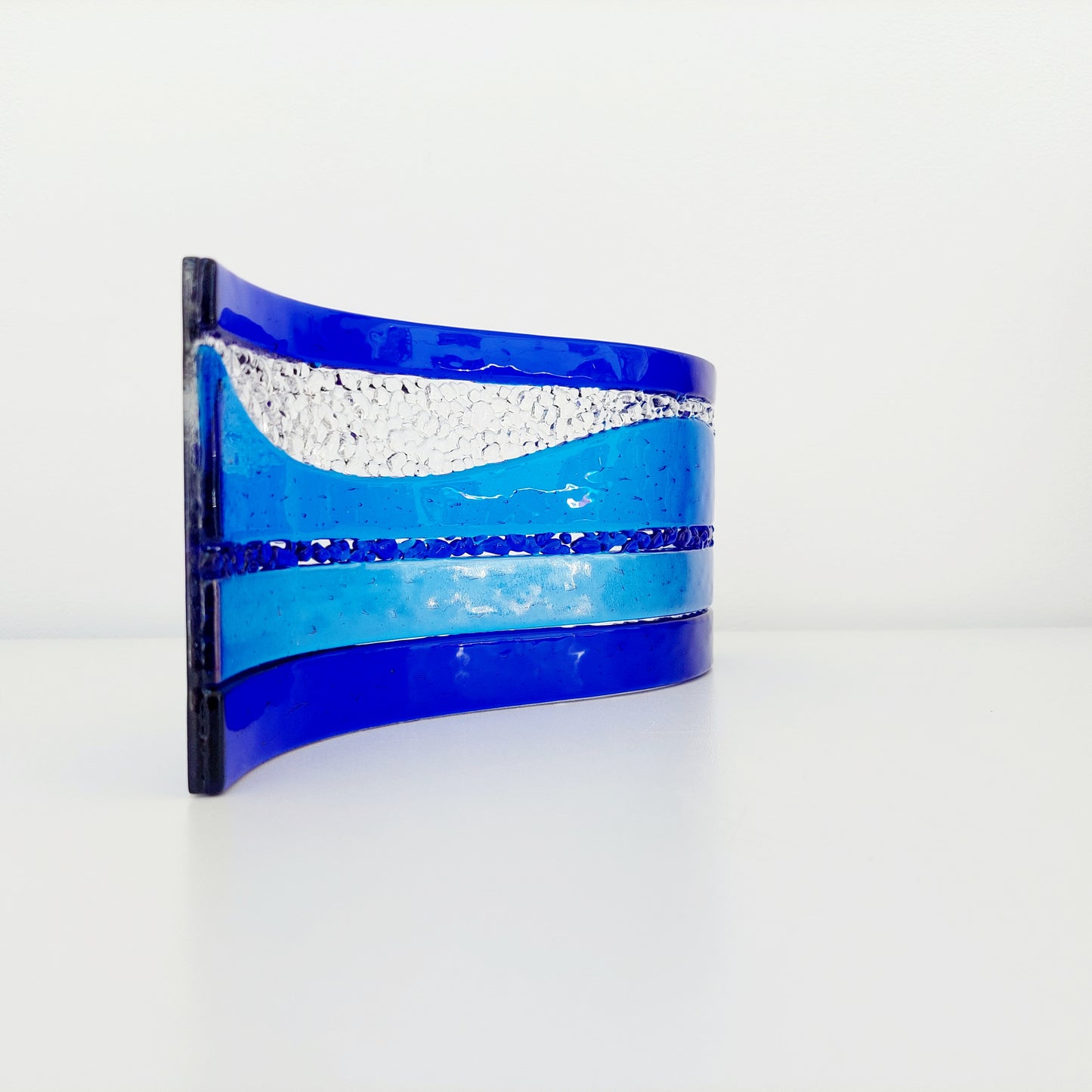 Blue Glass Art Wave, Handcrafted Turquoise and Cobalt Blue Mantlepiece Ornament