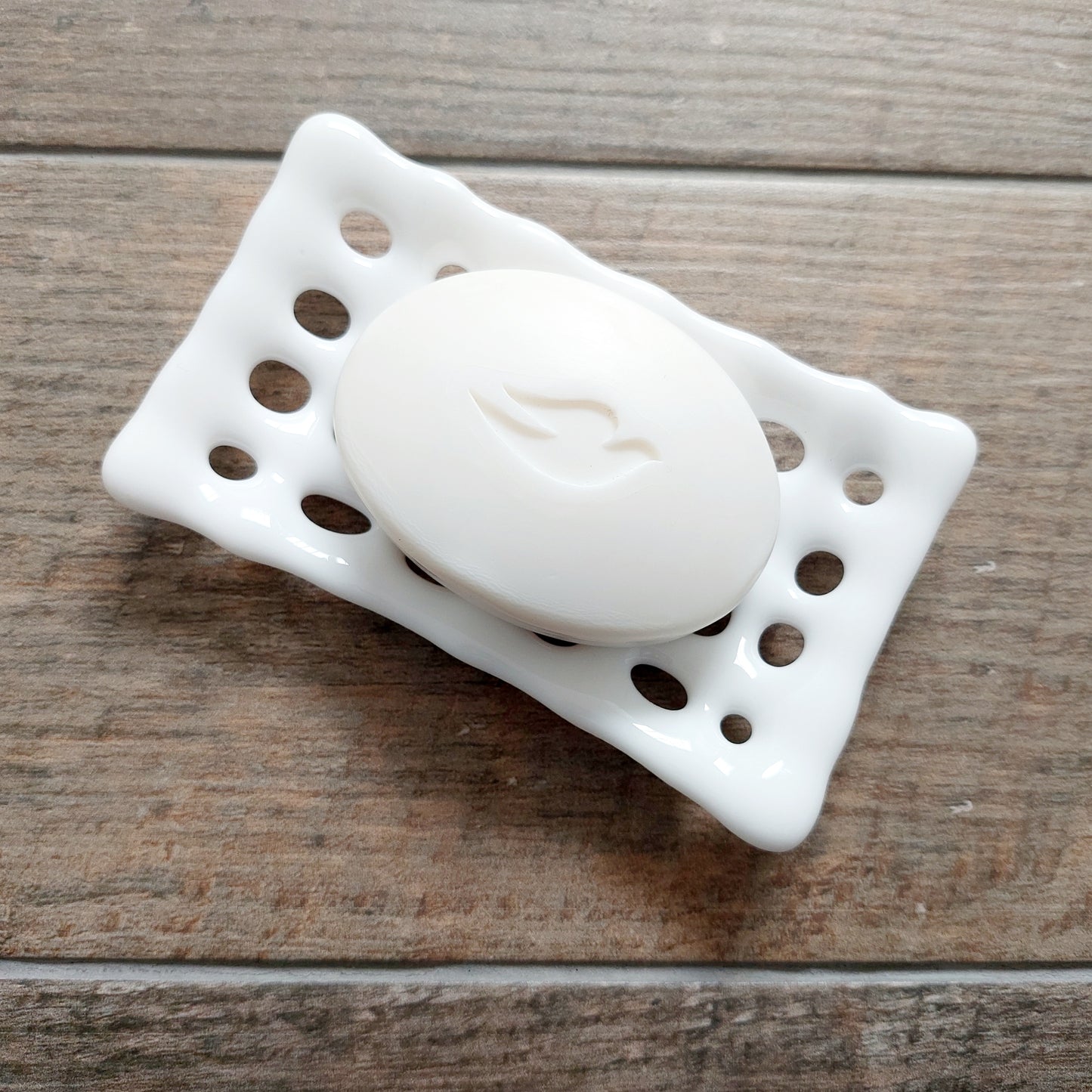 Rectangular White Glass Soap Dish with Holes, Handcrafted Organic Fused Glass Art Soap Tray, White Bathroom Accessory, White Bathroom Décor