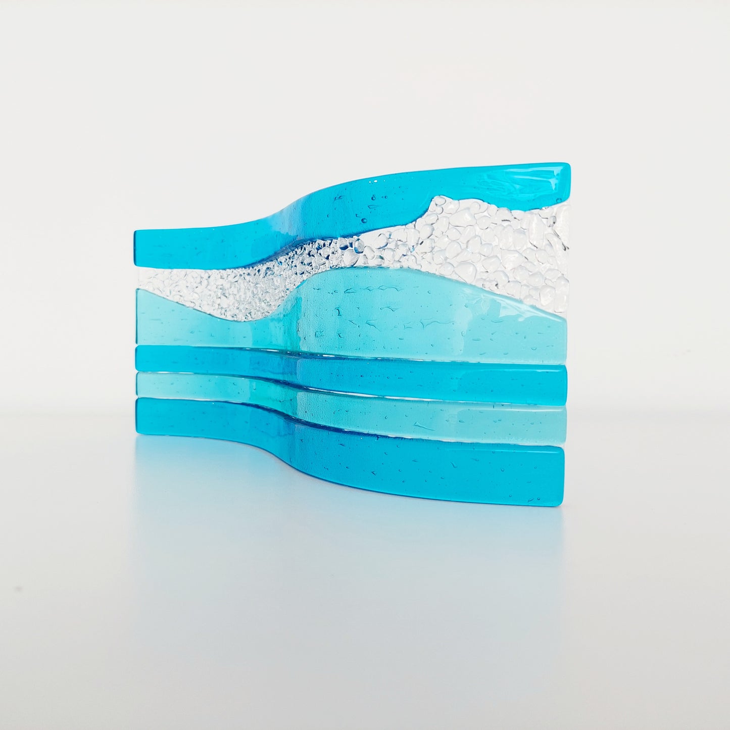 Aqua and Turquoise Glass Art Ornament, Handmade Kiln Formed Glass Wave, Textured Mantlepiece Ornament, Lake District Glass Art, Summer Décor