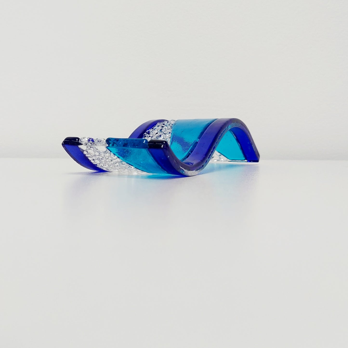 Turquoise and Cobalt Glass Wave, Small Handcrafted Fused Glass Art Ornament