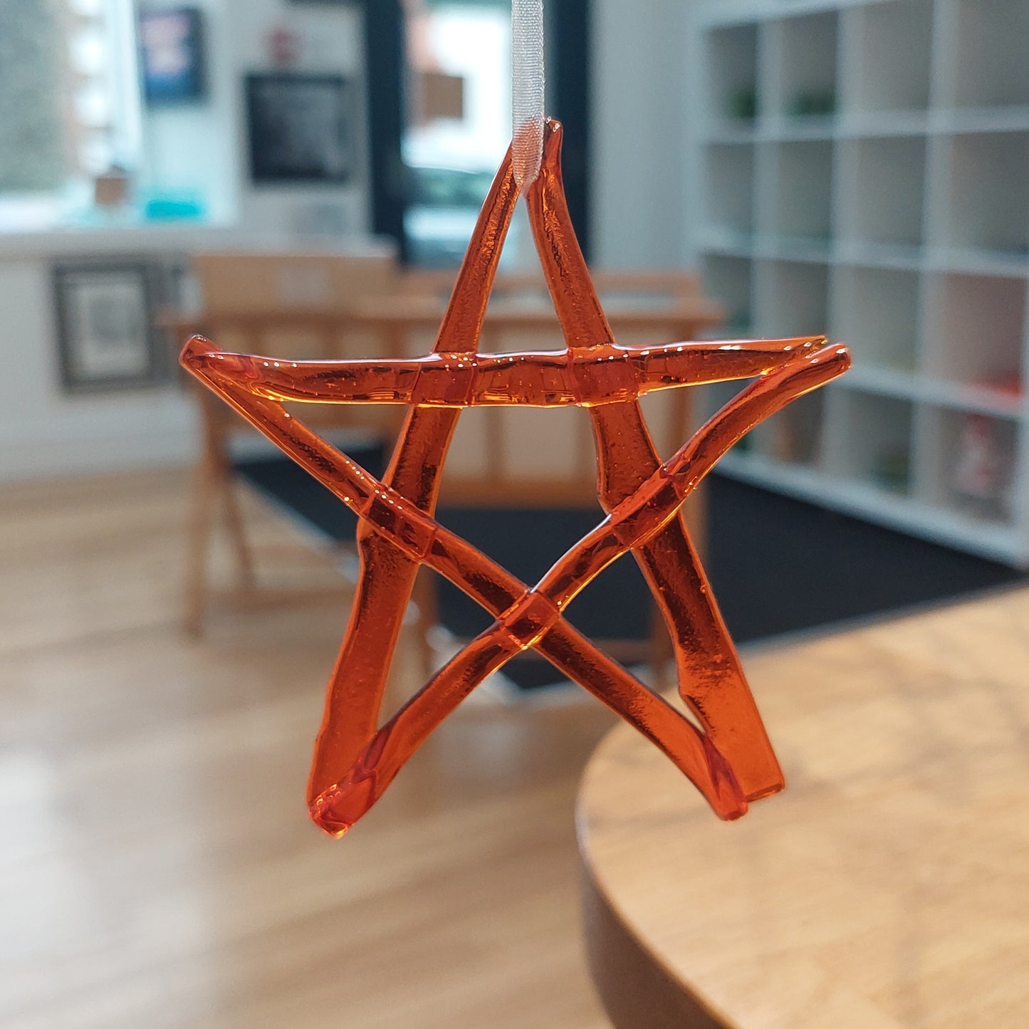 Orange Kiln Formed Glass Star, Handcrafted Christmas Tree Ornament