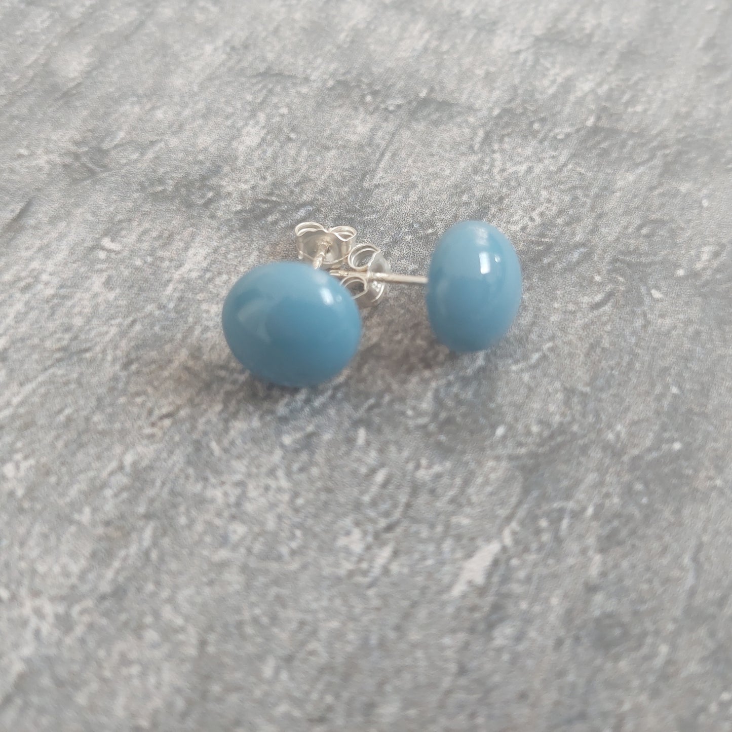 Blue-Grey Glass Stud Earrings with 925 Sterling Silver Posts and Butterflies, Handmade Minimalist Fused Glass Studs, Small Blue Earrings
