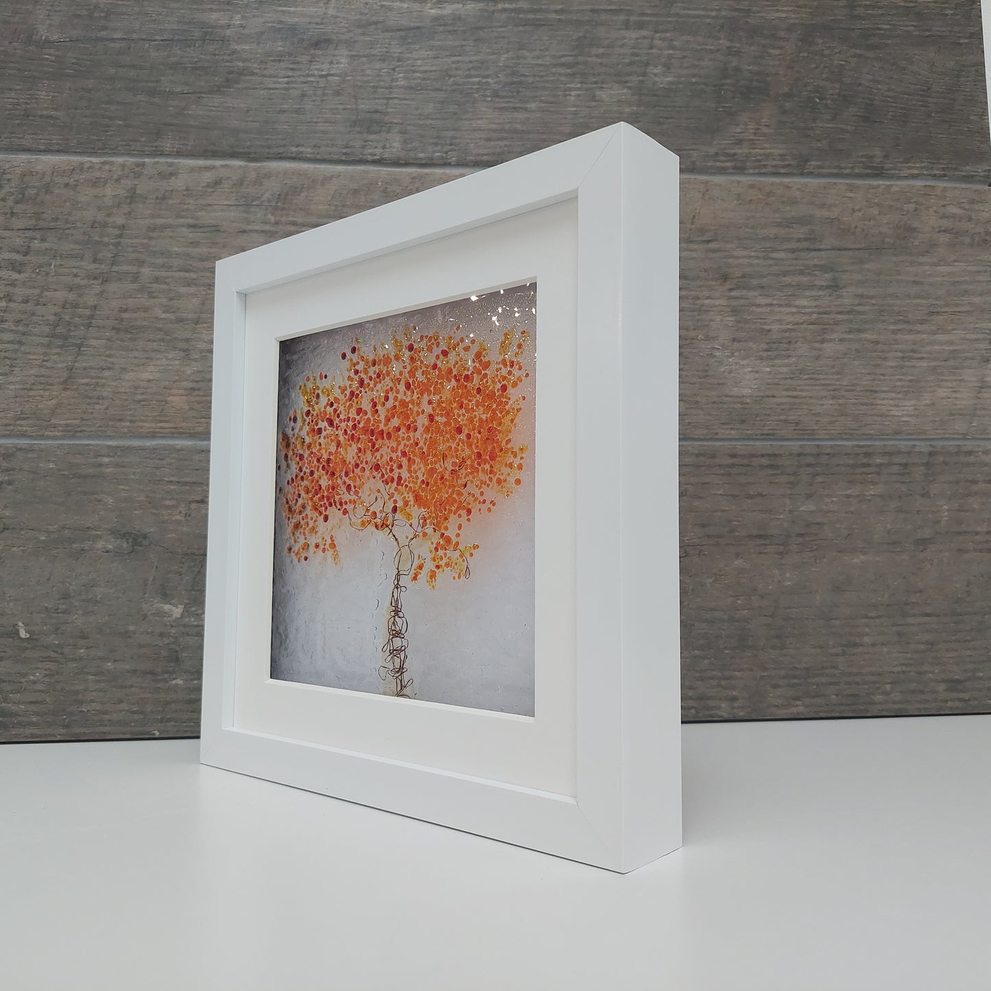 Framed Autumnal Glass Tree, Handmade Fused Glass Picture