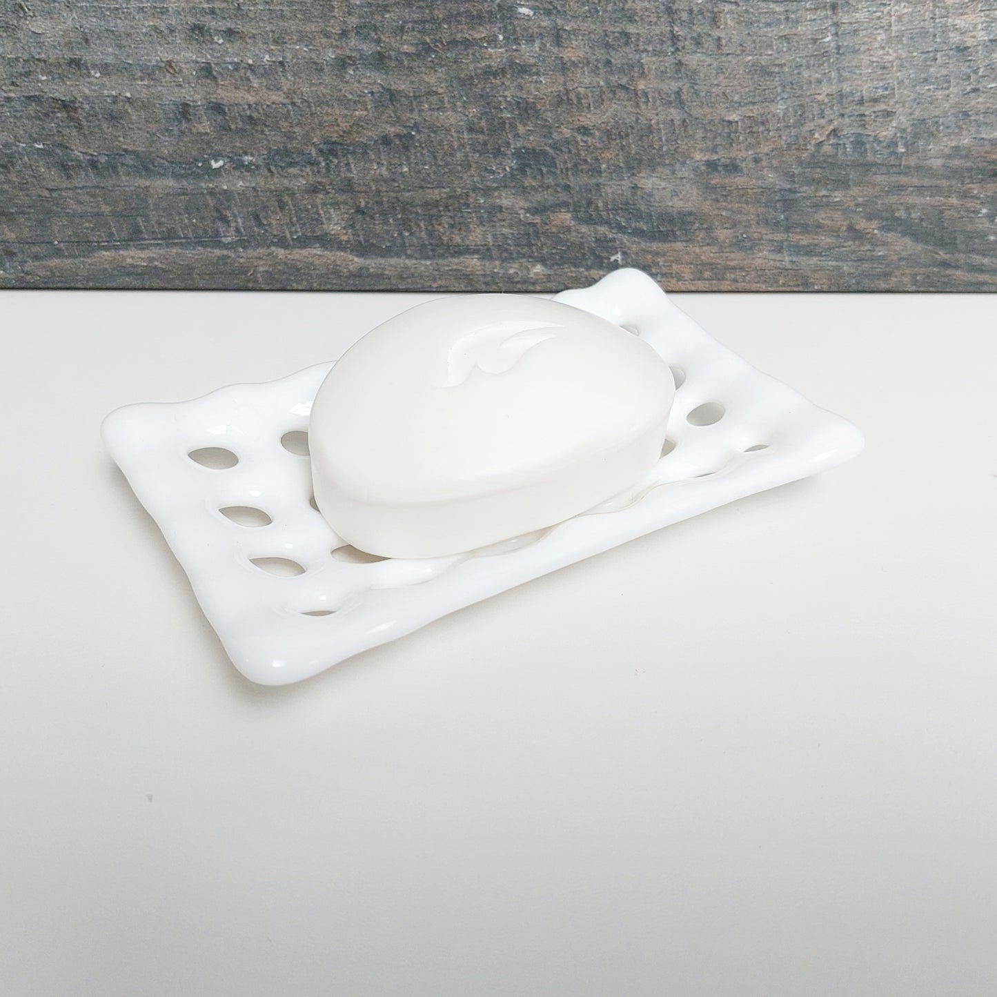 Rectangular White Glass Soap Dish with Holes, Handcrafted Organic Fused Glass Art Soap Tray, White Bathroom Accessory, White Bathroom Décor