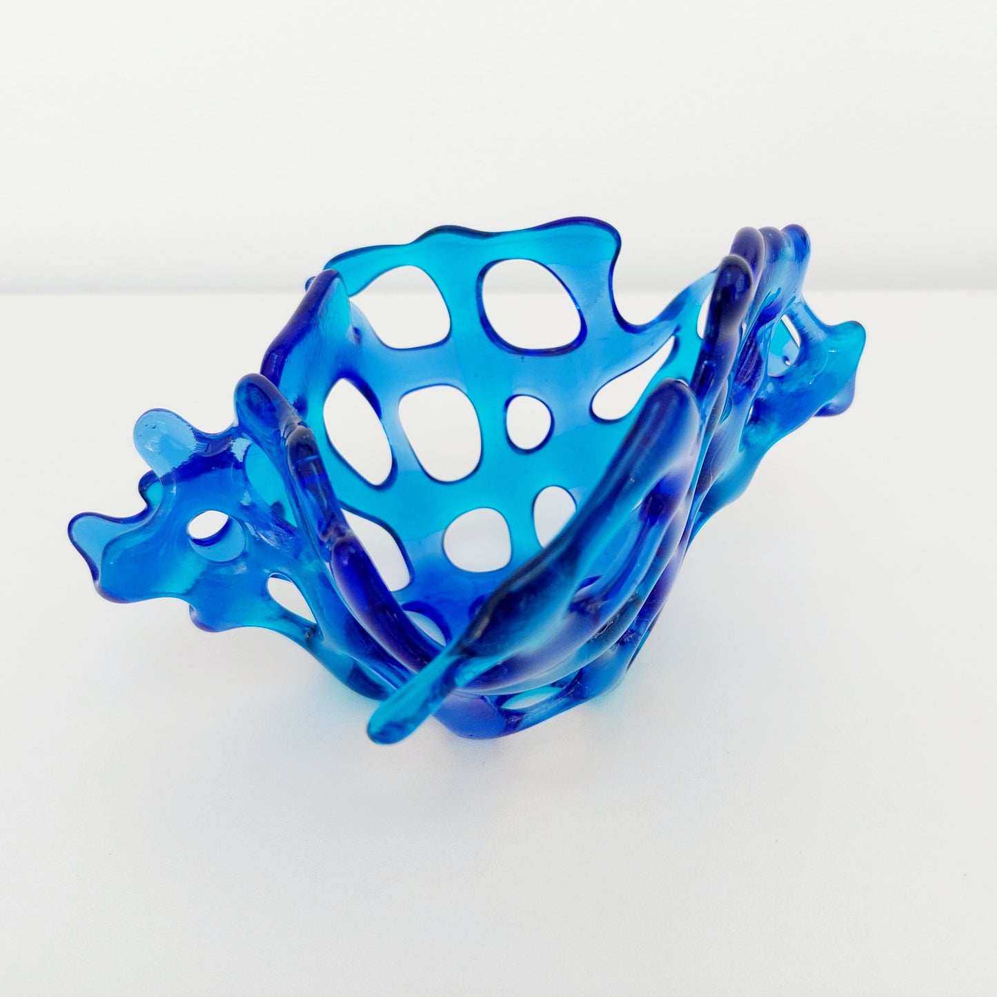 Blue Glass Art Basket, Handcrafted Turquoise and Royal Blue Fused Glass Coral Bowl, Woven Glass Living Room Shelf Ornament, Candle Holder
