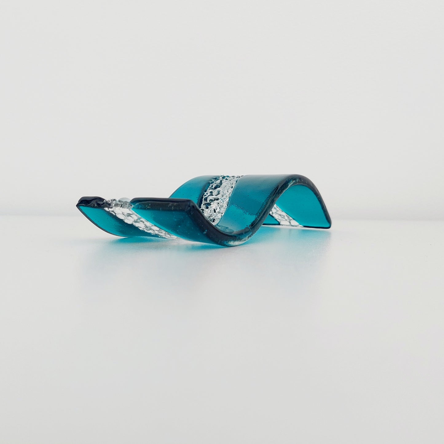 Small Teal Glass Art Wave, Handmade Fused Glass Ornament
