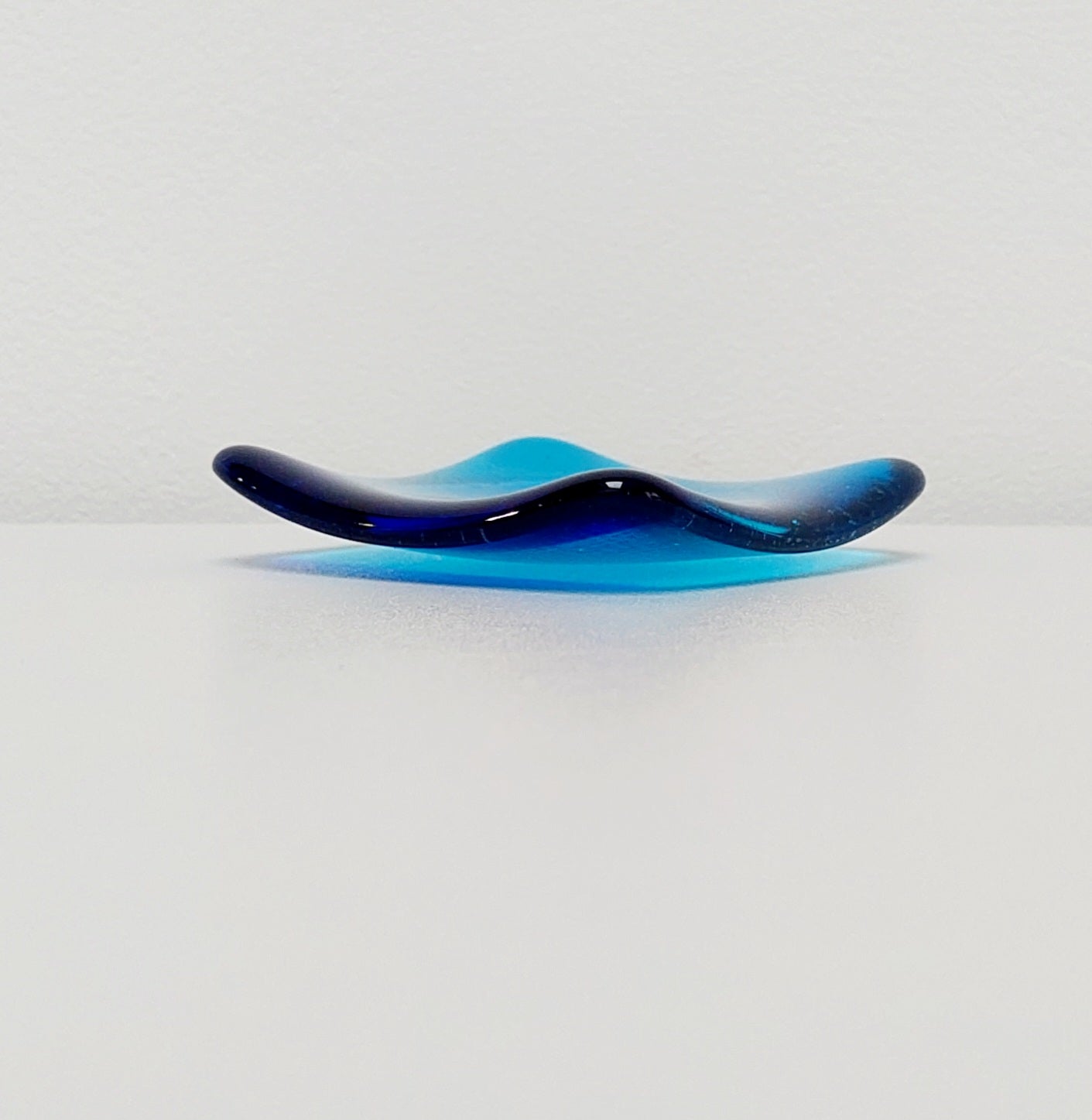 Turquoise Glass Art Ring Bowl with Cobalt Blue Accent, Handmade Bedside Table Trinket Dish