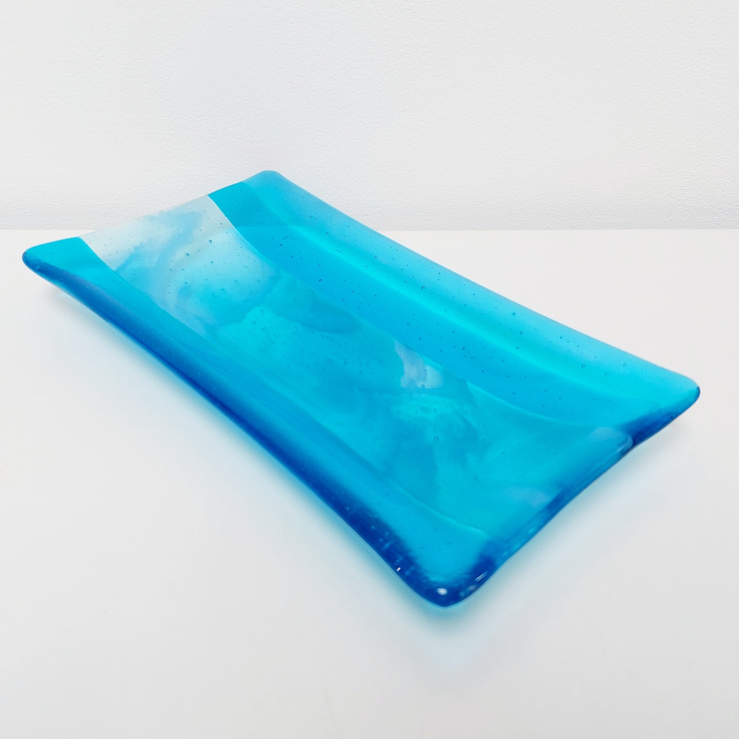 Winter in the Lakes Glass Art Platter, Turquoise Artisanal Glass Plate, Large Handmade Blue Glass Trinket Dish, Turquoise Décor