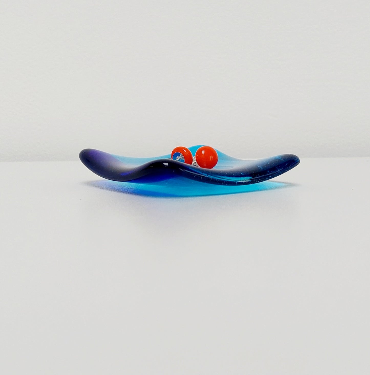 Turquoise Glass Art Ring Bowl with Cobalt Blue Accent, Handmade Bedside Table Trinket Dish