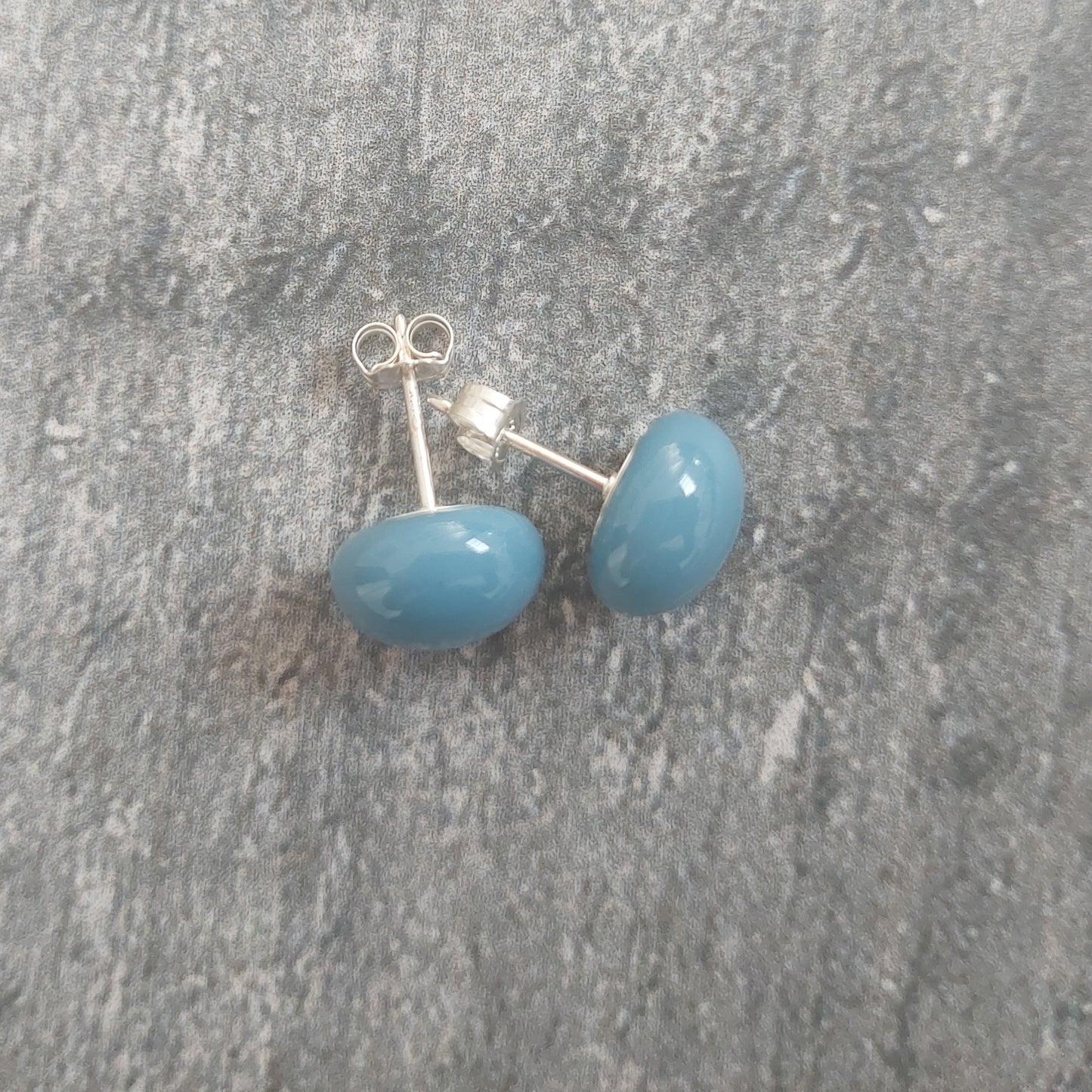 Blue-Grey Glass Stud Earrings with 925 Sterling Silver Posts and Butterflies, Handmade Minimalist Fused Glass Studs, Small Blue Earrings