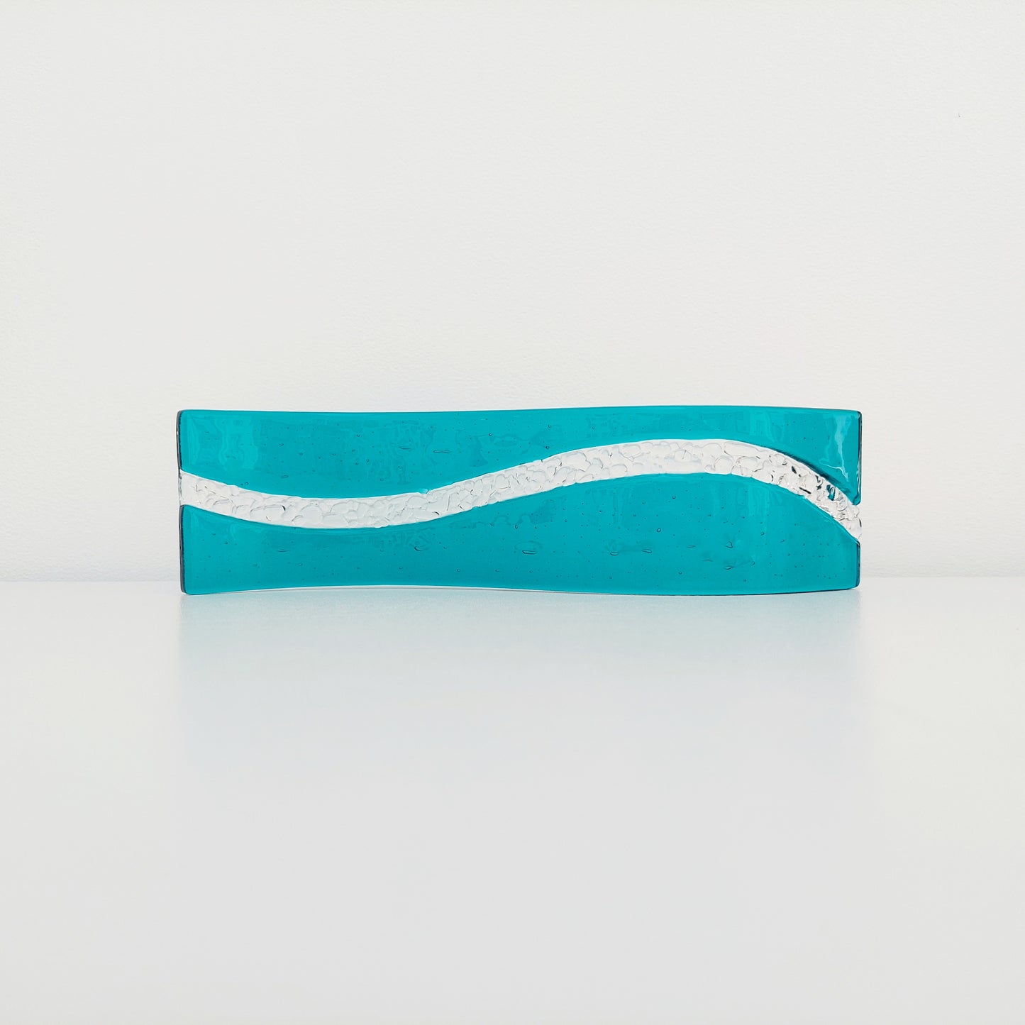 Abstract Teal Glass Art Wave, Contemporary Fused Glass Ornament