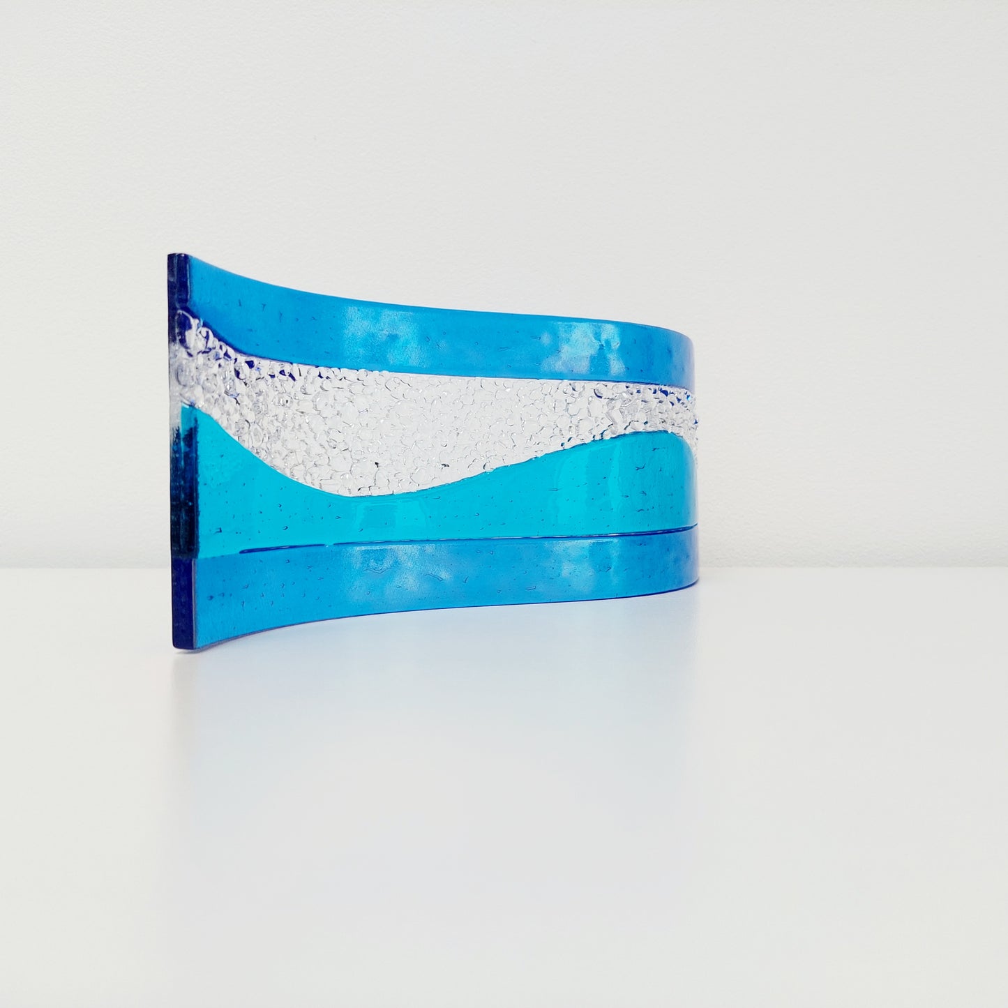 Turquoise Blue Glass Art Wave, Handmade Kiln Formed Glass Ornament