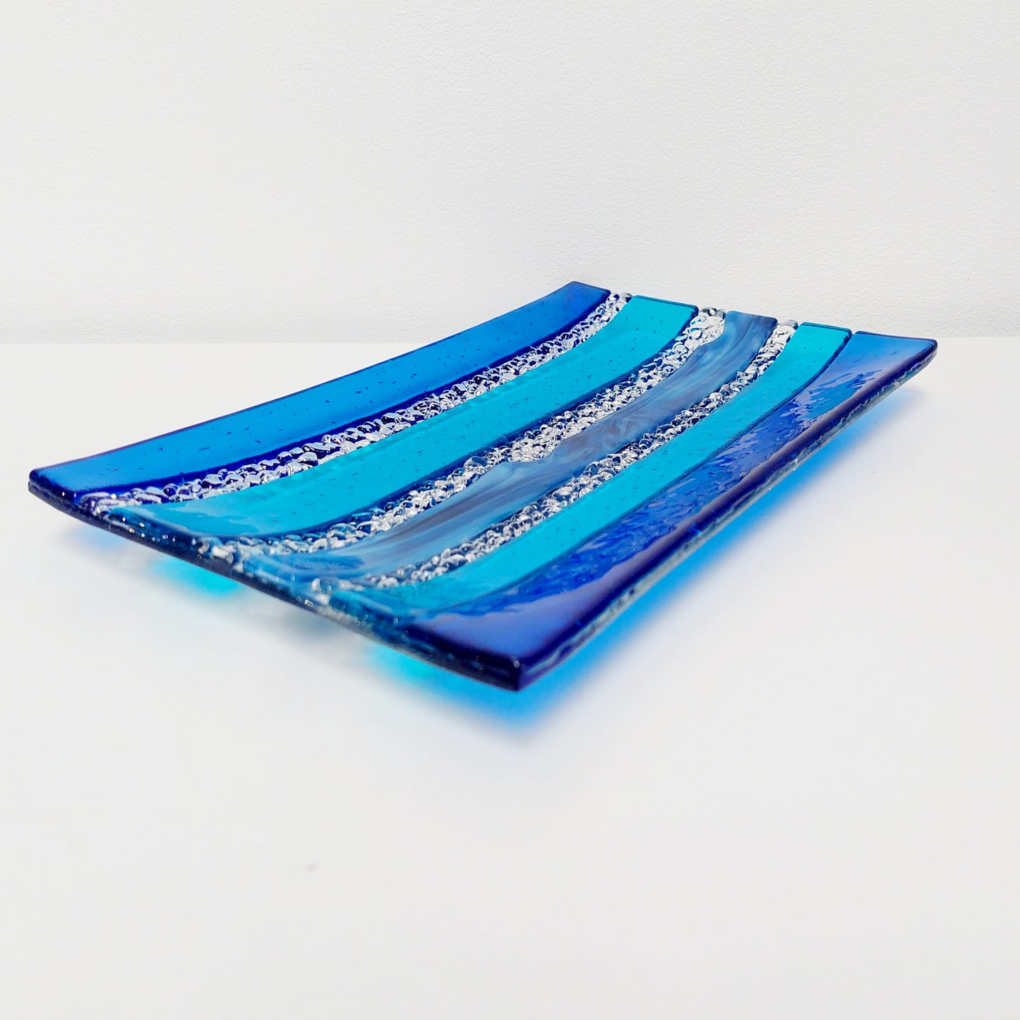 Blue Textured Glass Art Plate, Handcrafted Decorative Tray
