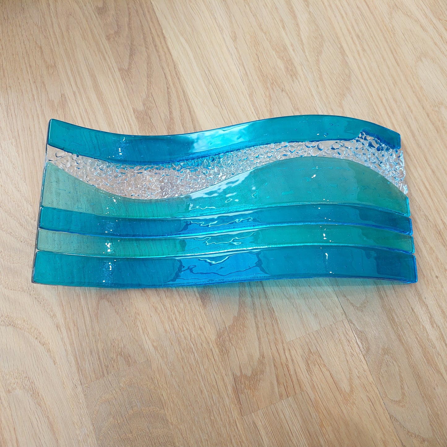 Aqua and Turquoise Glass Art Ornament, Handmade Kiln Formed Glass Wave, Textured Mantlepiece Ornament, Lake District Glass Art, Summer Décor