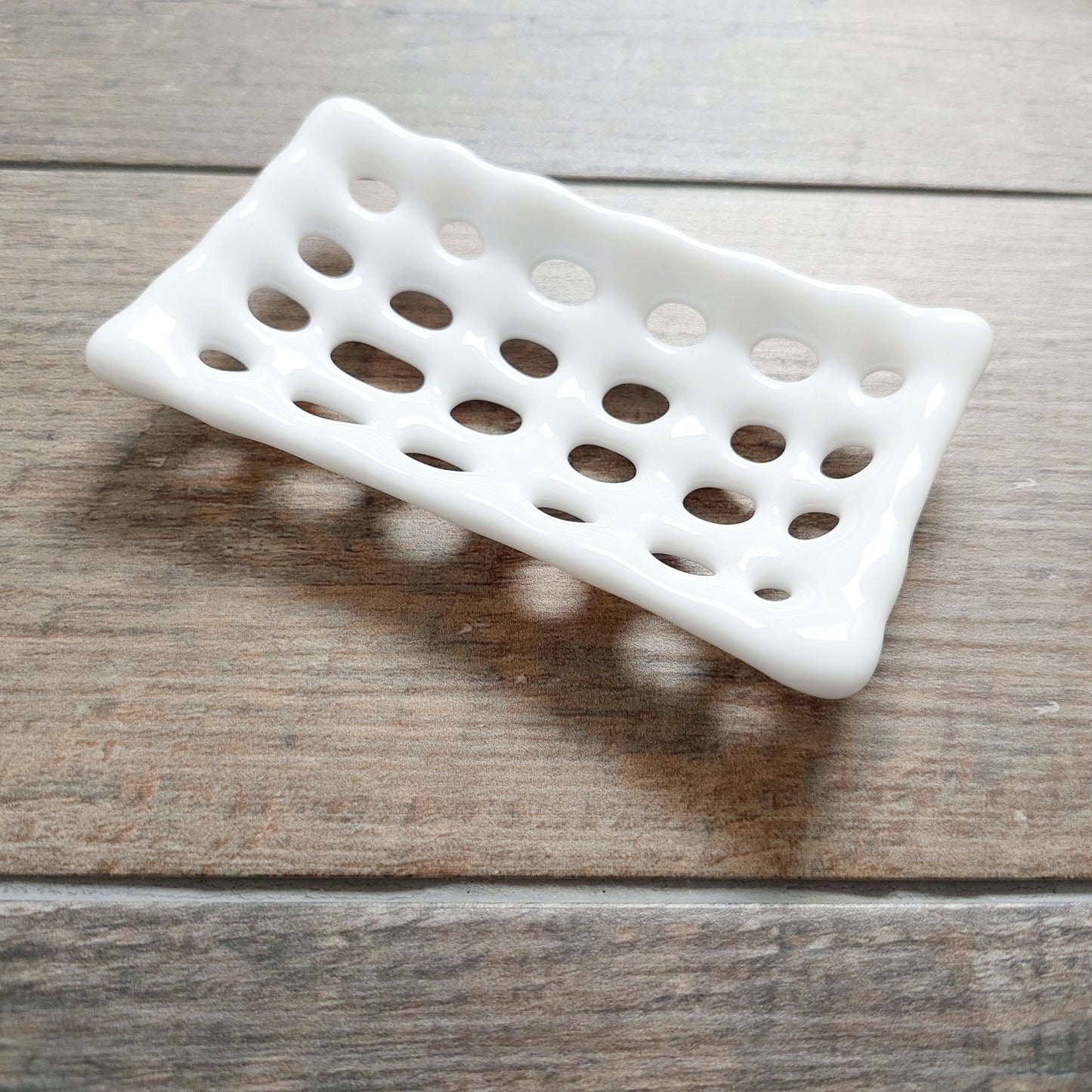 Rectangular White Glass Soap Dish with Holes, Handcrafted Organic Fused Glass Art Soap Tray, White Bathroom Accessory, White Bathroom Décor