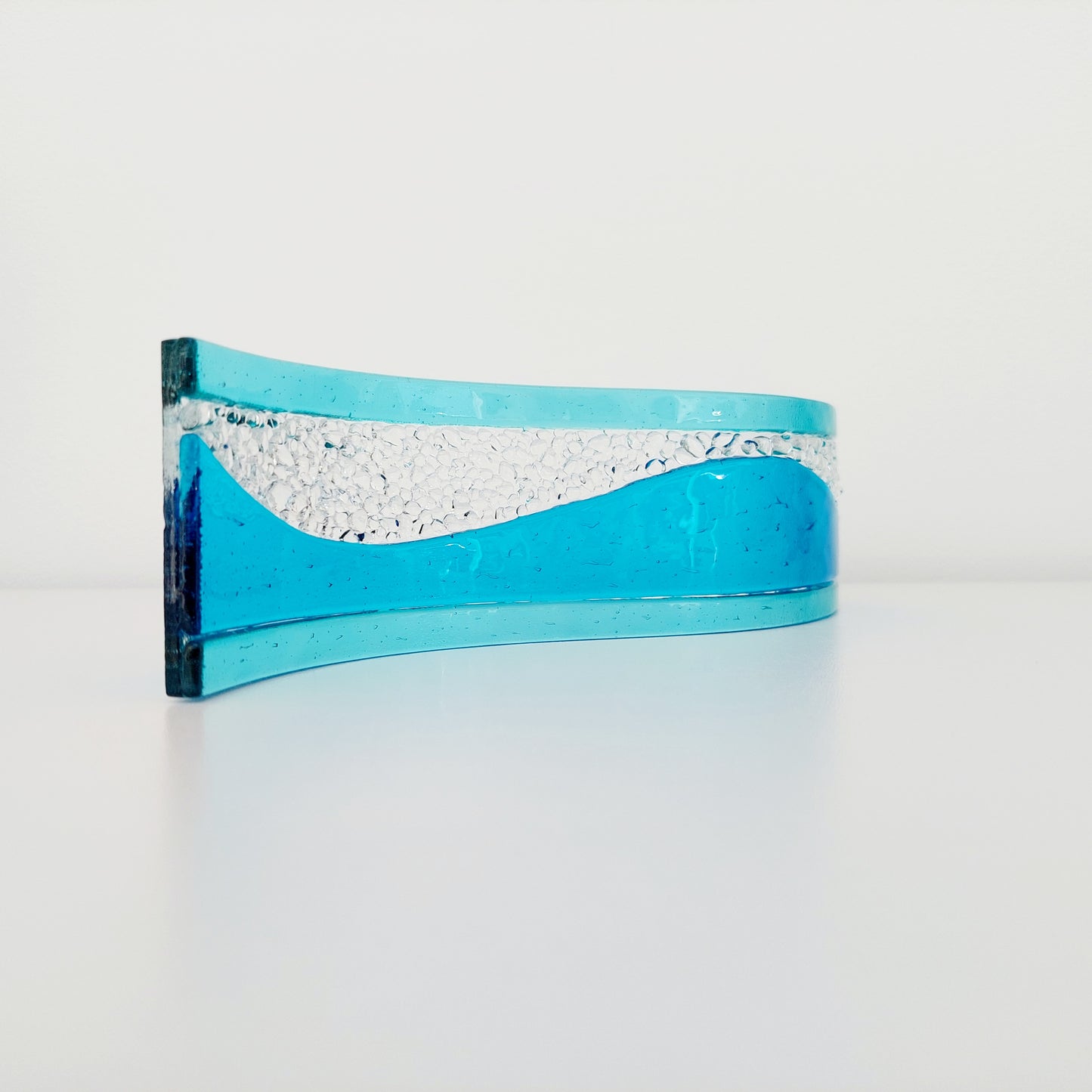 Turquoise and Aqua Glass Ornament, Handmade Textured Glass Art Wave, Freestanding Glass Panel, Turquoise Shelf Ornament, Beach House Décor
