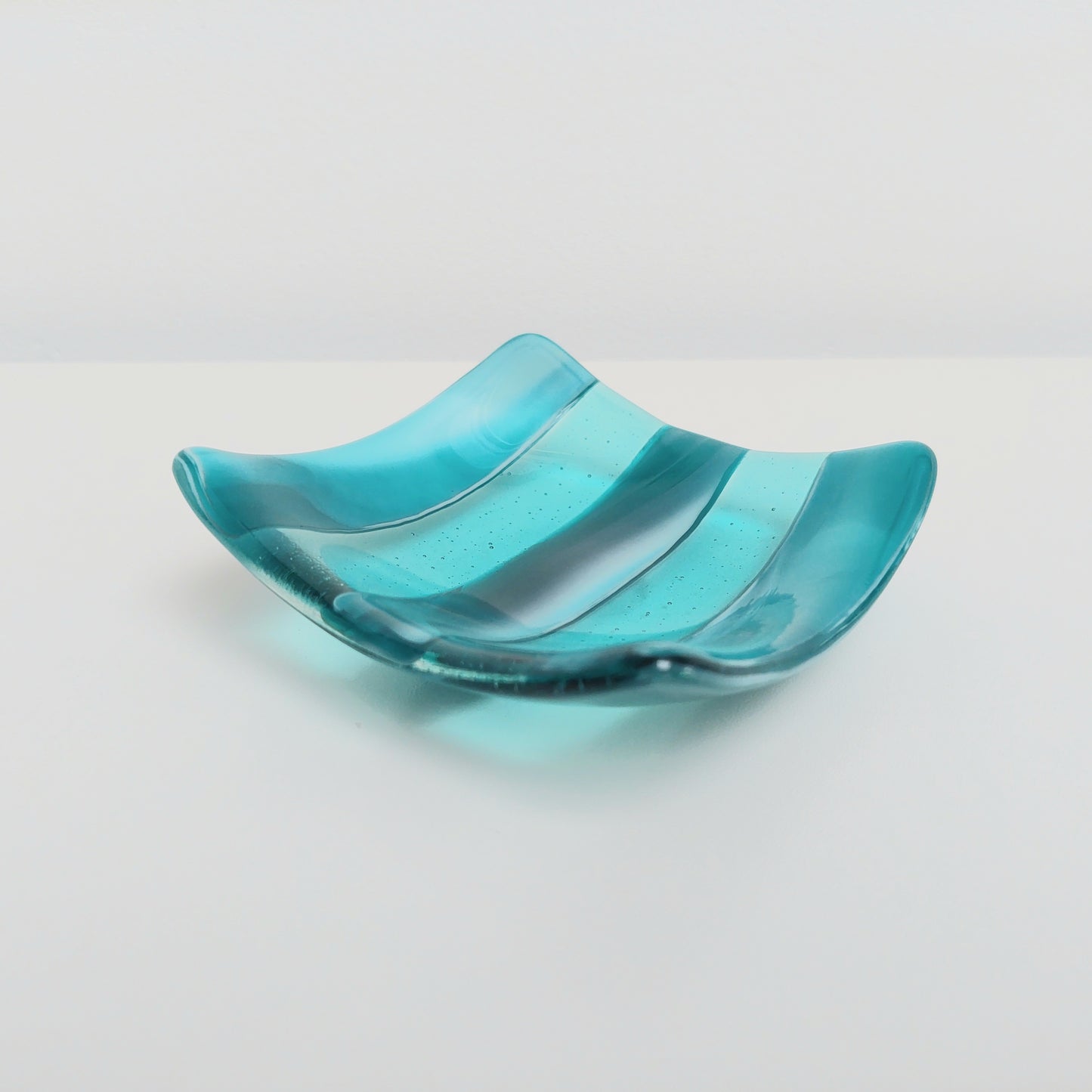 Teal and Aqua Trinket Dish, Fused Glass Art Jewellery Bowl