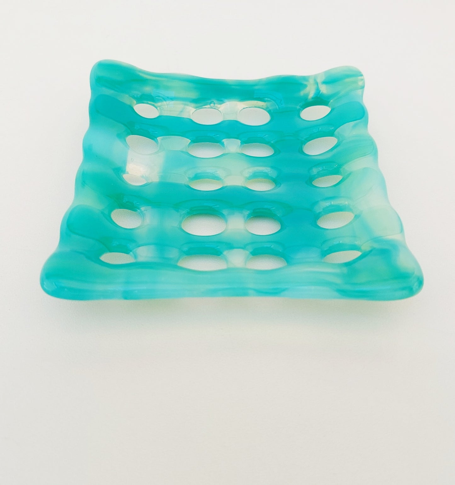 Rydal Water Glass Soap Dish with Holes, Handcrafted Light Green Soap Tray