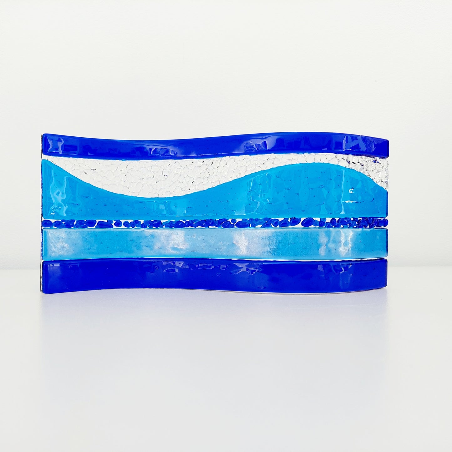 Blue Glass Art Wave, Handcrafted Turquoise and Cobalt Blue Mantlepiece Ornament