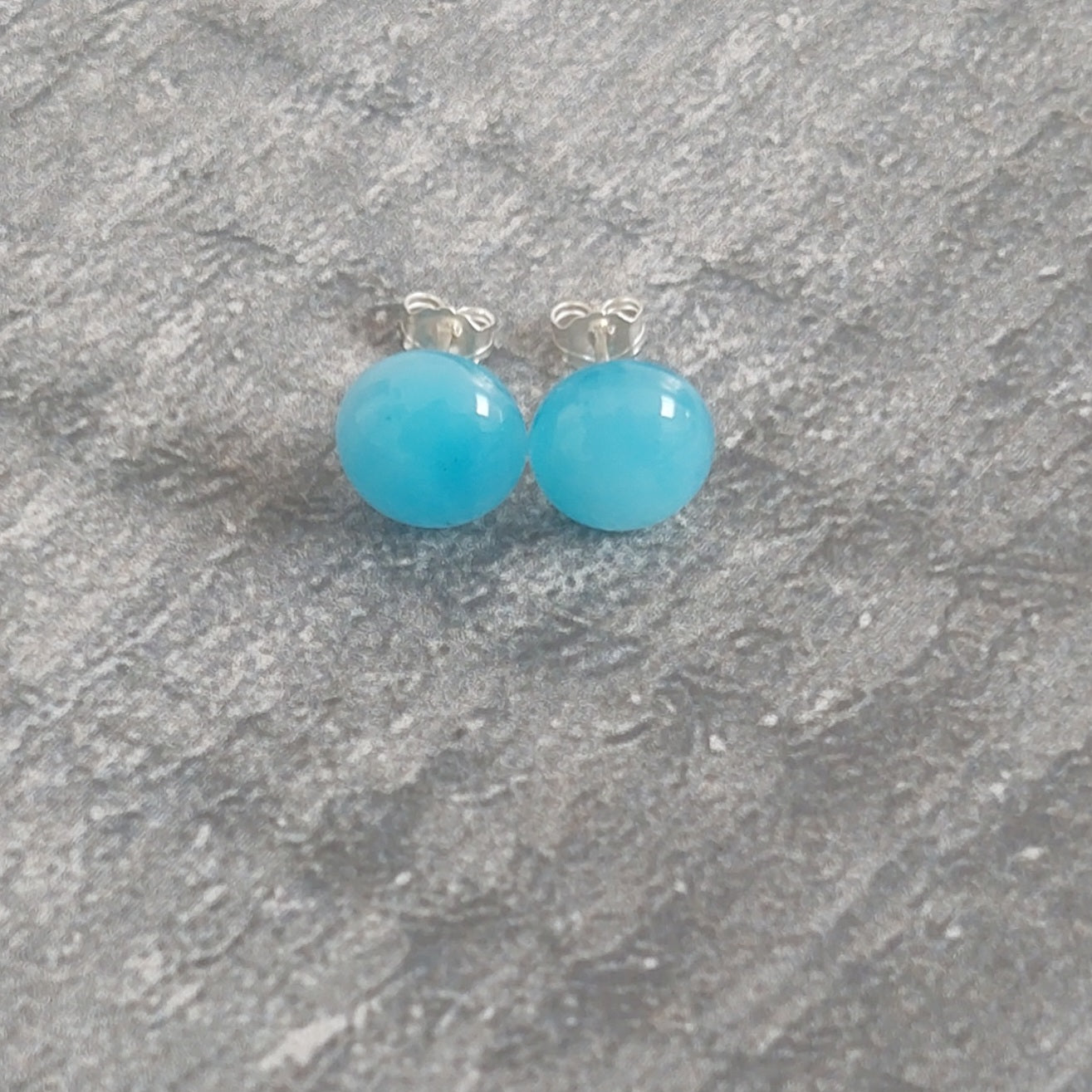 Pastel Turquoise Glass Art Stud Earrings, Small Handmade Blue Fused Glass Studs with Sterling Silver Posts and Butterflies