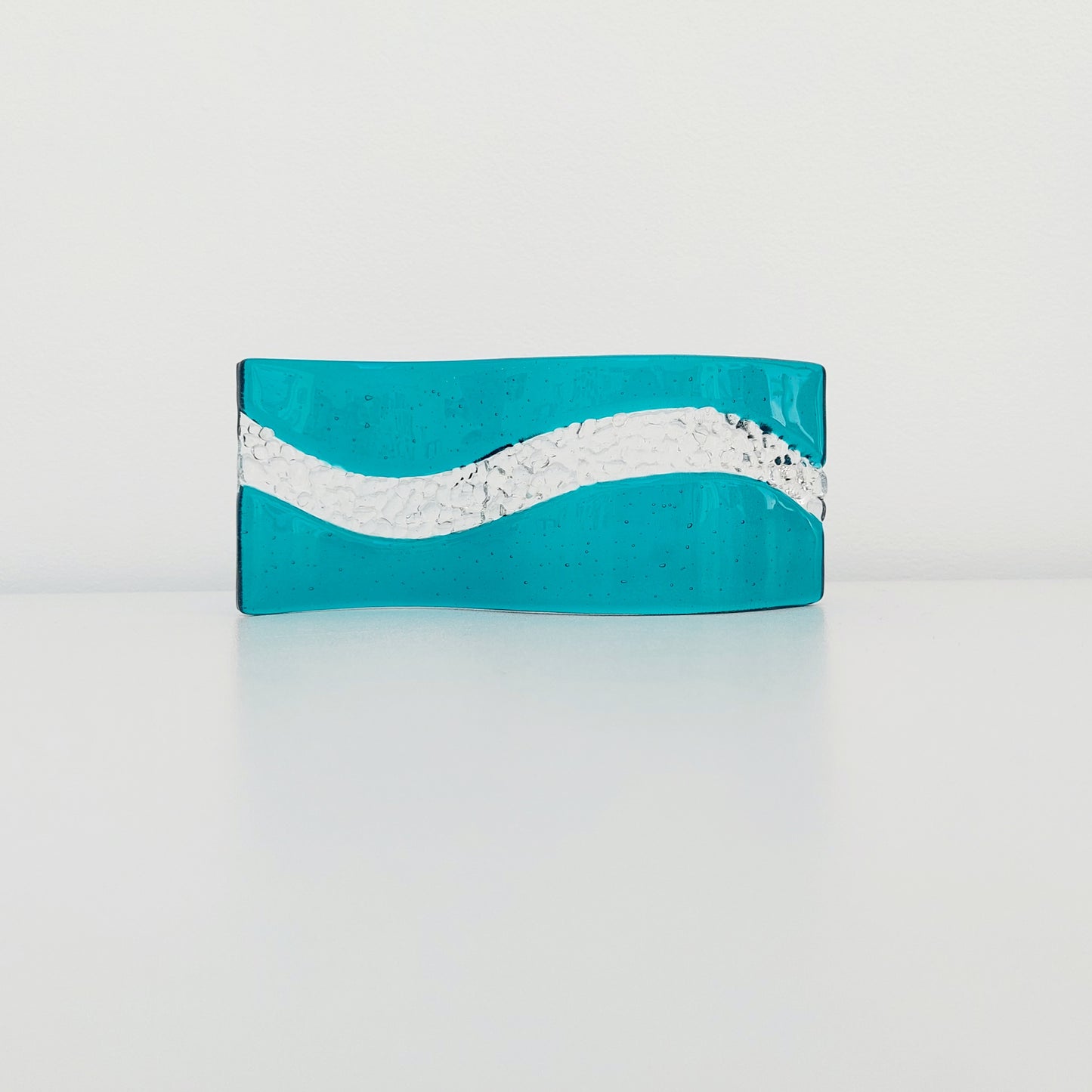 Small Teal Glass Art Wave, Handmade Fused Glass Ornament