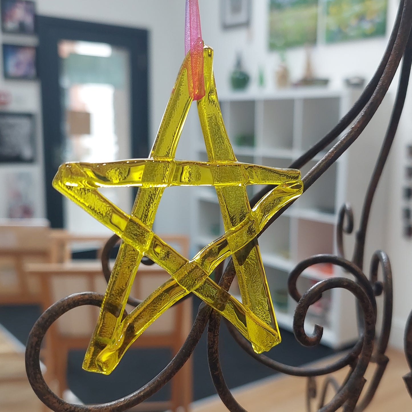 Yellow Kiln Formed Glass Star, Handmade Christmas Tree Ornament