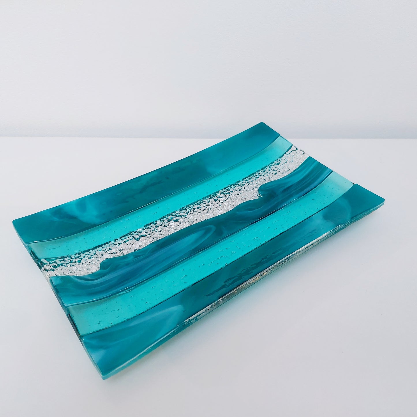 Teal and Aqua Glass Art Plate, Handcrafted Decorative Tray