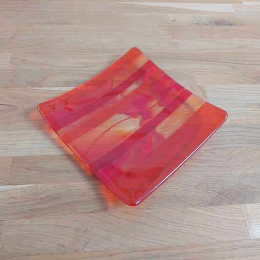 Orange and Red Glass Art Plate, Handmade Fused Glass Decorative Plate