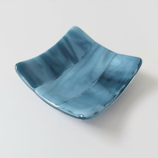 Derwent Water Glass Ring Dish, Handmade Marine Blue Fused Glass Art Trinket Dish, Artisan Glass Earring Bowl, Marine Bedroom Décor