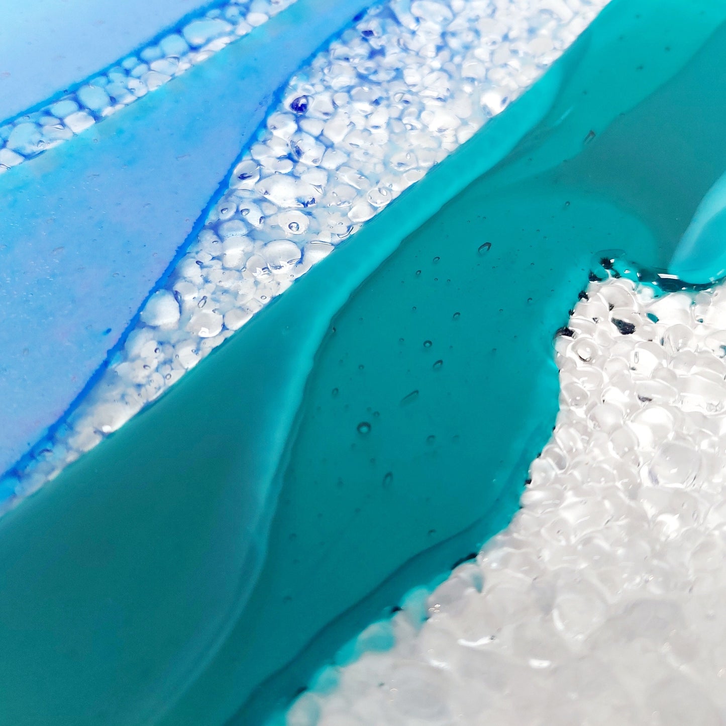 Artisan Teal and Blue Plate, Handmade Textured Fused Glass Art Plate, Teal and Iridescent Sky Blue Decorative Tray, Coffee Table Centrepiece