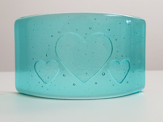 Aqua Glass Heart Ornament, Handmade Fused Glass Curve
