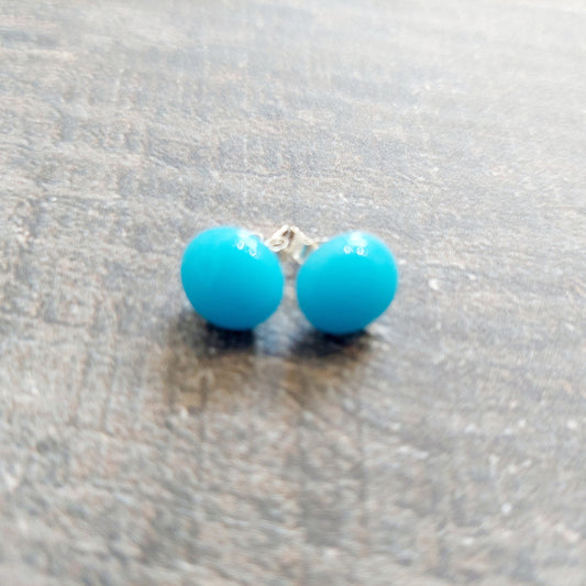 Turquoise Fused Glass Stud Earrings with Sterling Silver Posts
