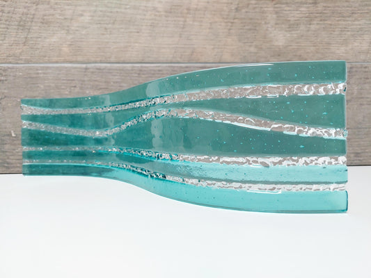 Large Abstract Aqua Glass Wave, Handmade Fused Glass Mantlepiece Ornament, Living Room Statement Piece, Aquamarine Décor, Beach House Décor